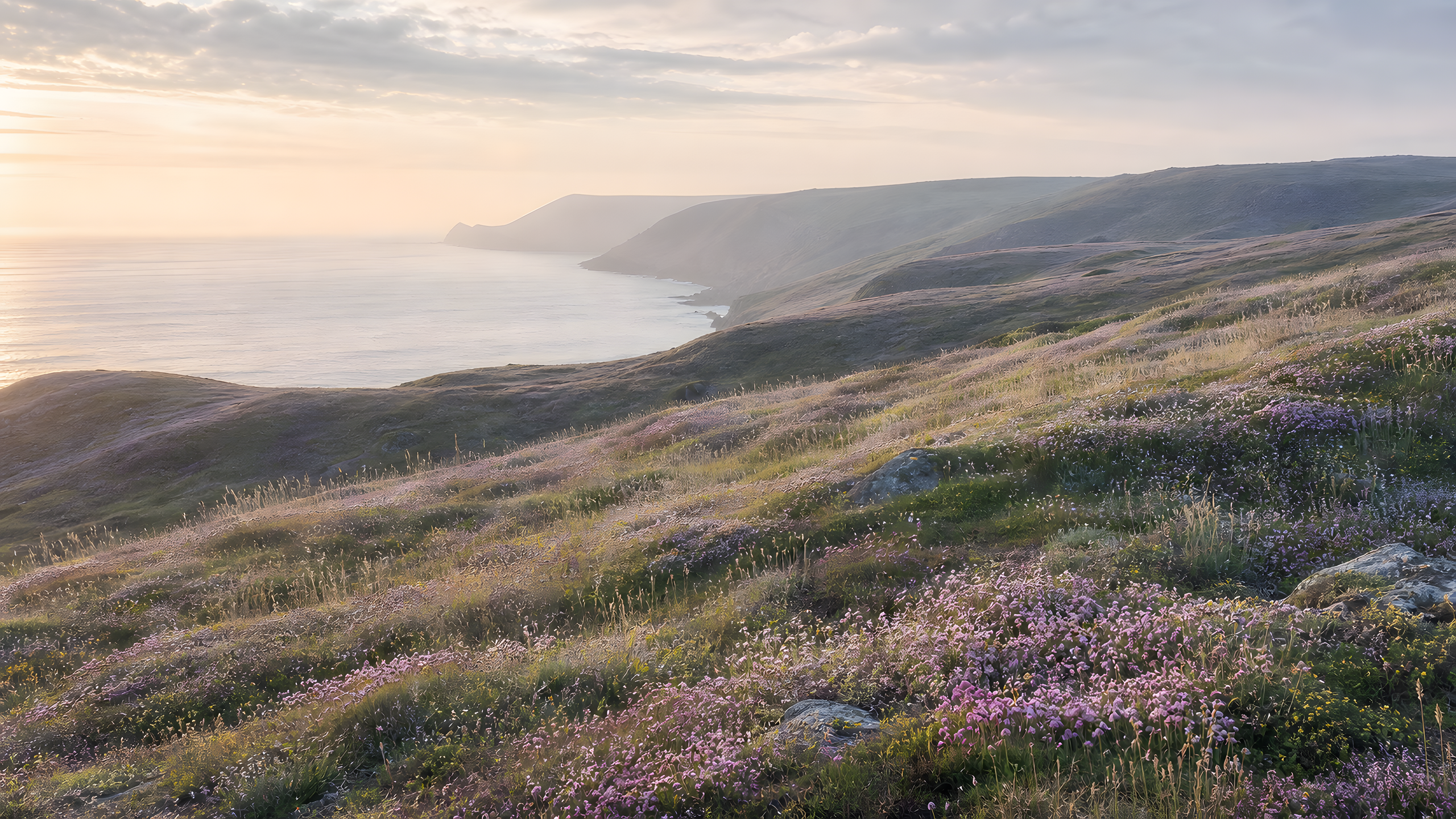 Real windswept coastal hills covered in irregular flowering thyme, sea pink, pale grass and cushion plants above an opal sea in luminous marine sunrise haze, original 4K pastel wallpaper