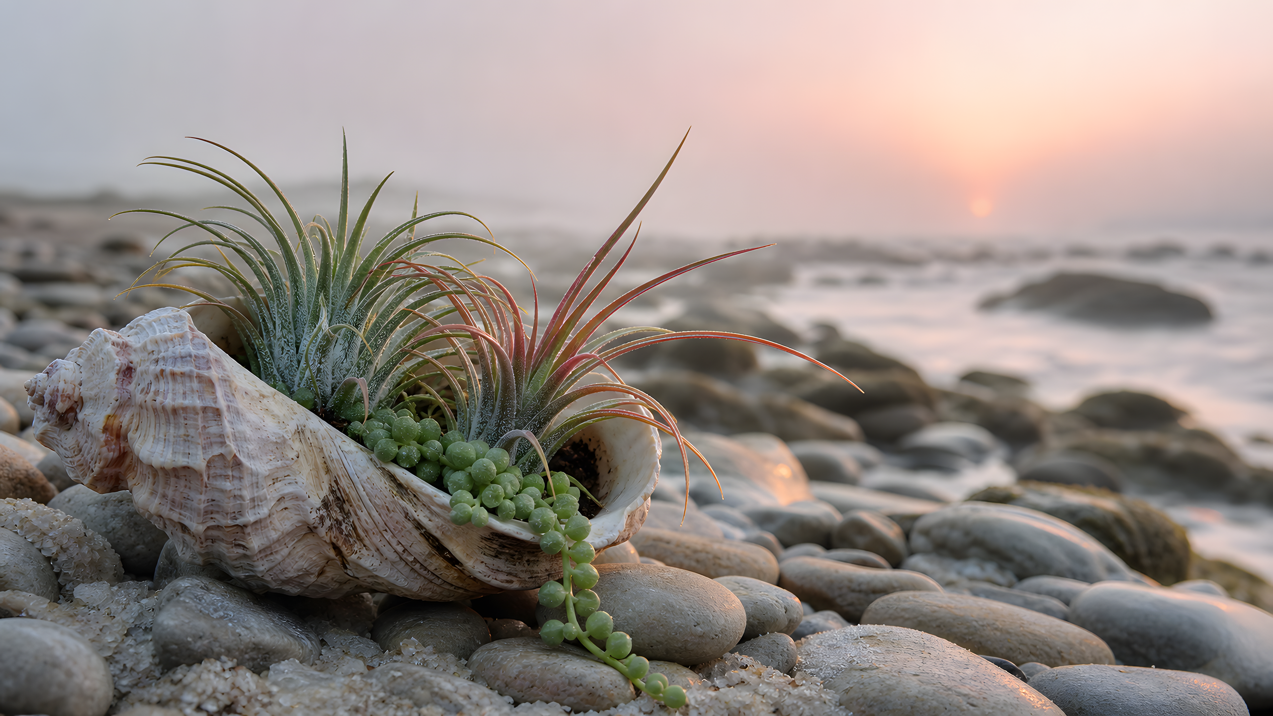 A naturally weathered shell securely holding distinct air plants and trailing stonecrop among wet coastal stones at a fog-softened peach dawn, original 4K pastel wallpaper