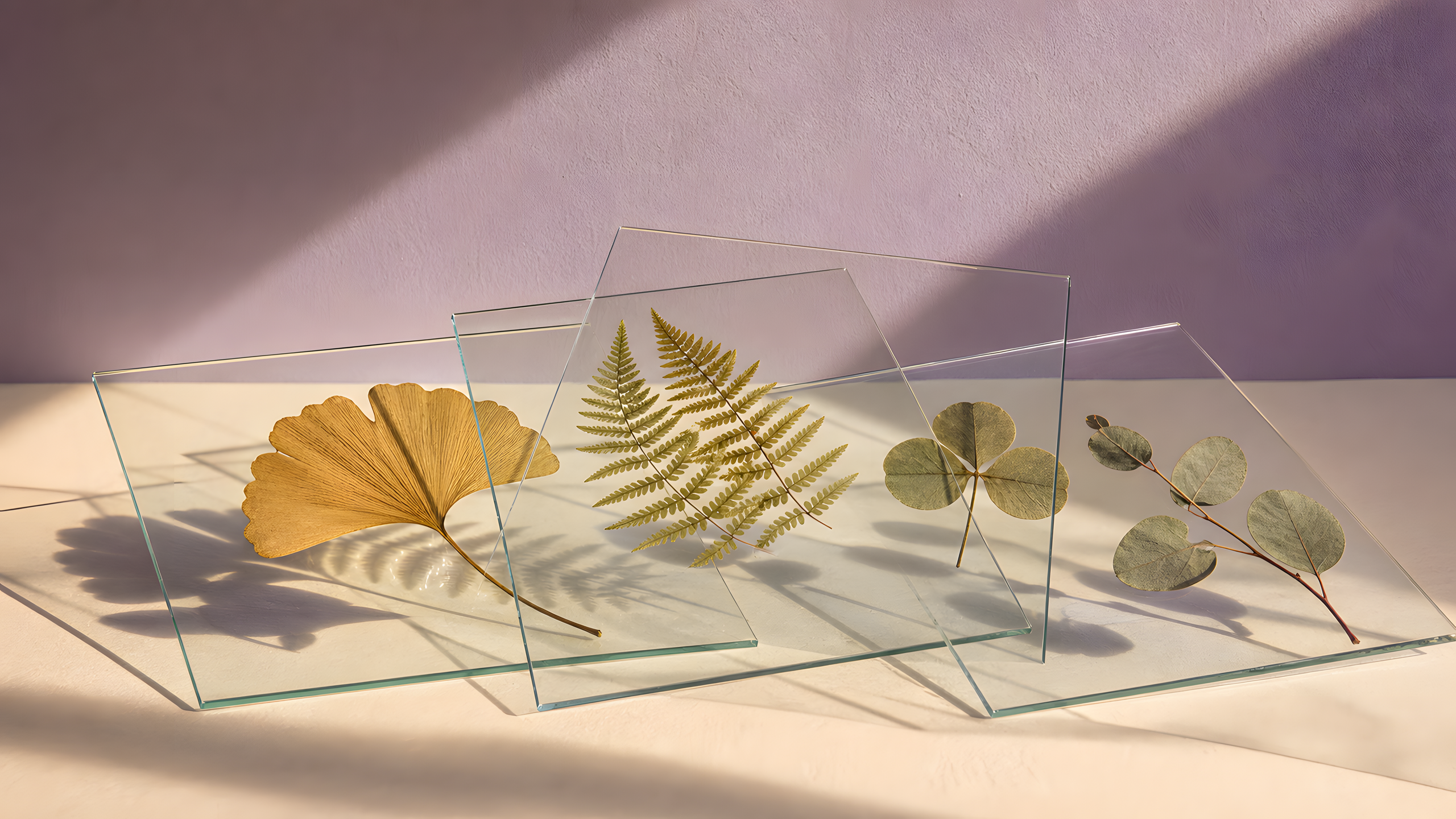 Complete pressed ginkgo, fern, clover and eucalyptus leaves held in overlapping frameless glass panes, casting long translucent gold and violet shadows across a quiet cream surface, original 4K pastel wallpaper