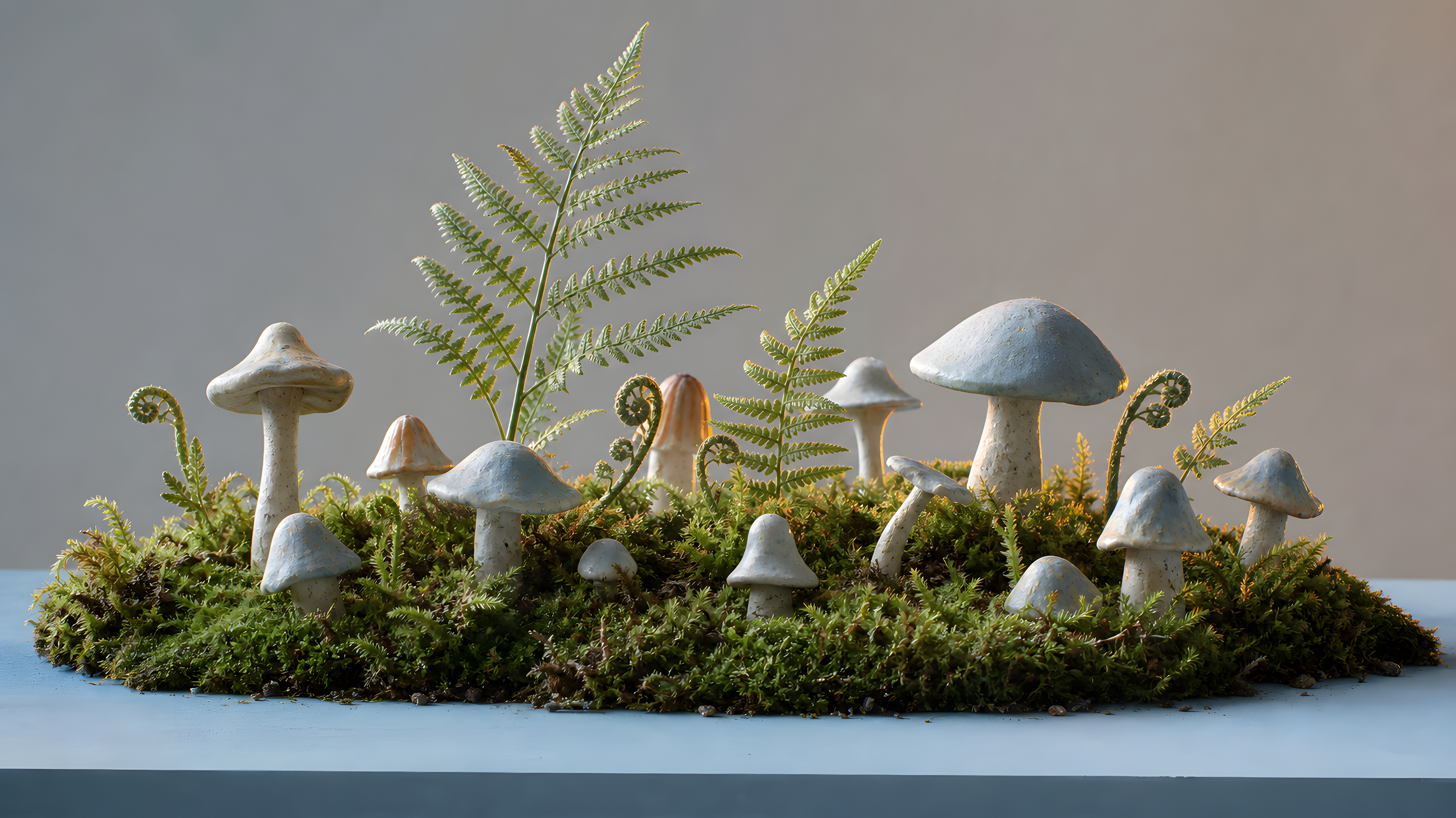 An original tabletop forest of hand-built porcelain mushrooms, fern fronds and fiddleheads emerging from real moss on a powder-blue plinth beneath diffuse skylight, original 4K pastel wallpaper