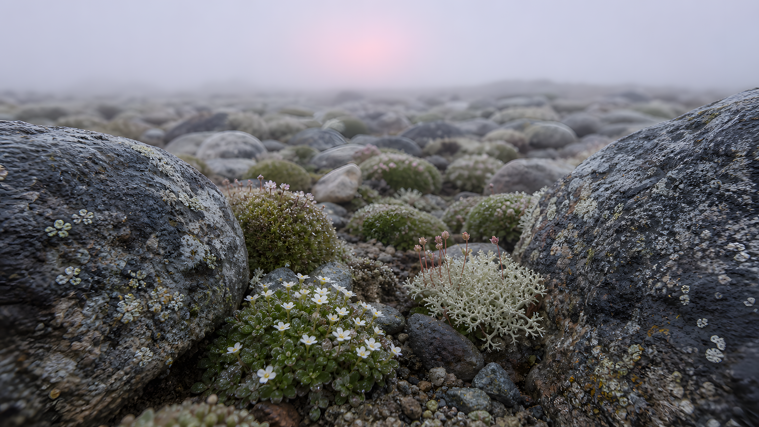 Botanically accurate cushion plants, tiny saxifrage, moss campion and pale lichens forming rounded islands among frost-worn stones across a high foggy plateau, original 4K pastel wallpaper