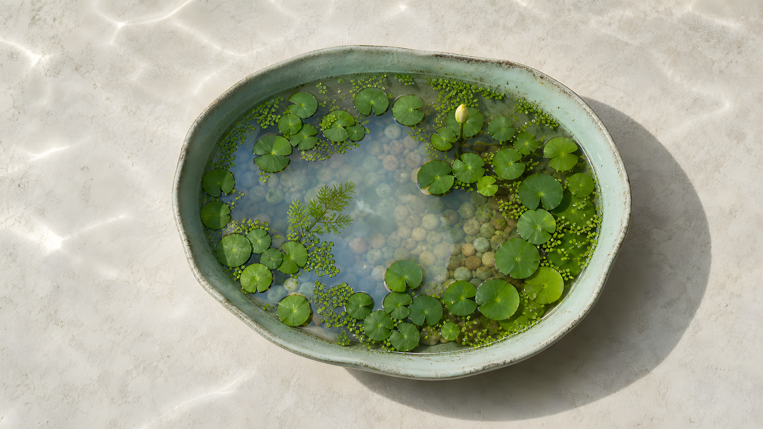 A complete irregular celadon basin holding tiny lotus leaves, duckweed, one pale unopened bud, submerged pebbles and a floating sprig beneath soft window caustics, original 4K pastel wallpaper