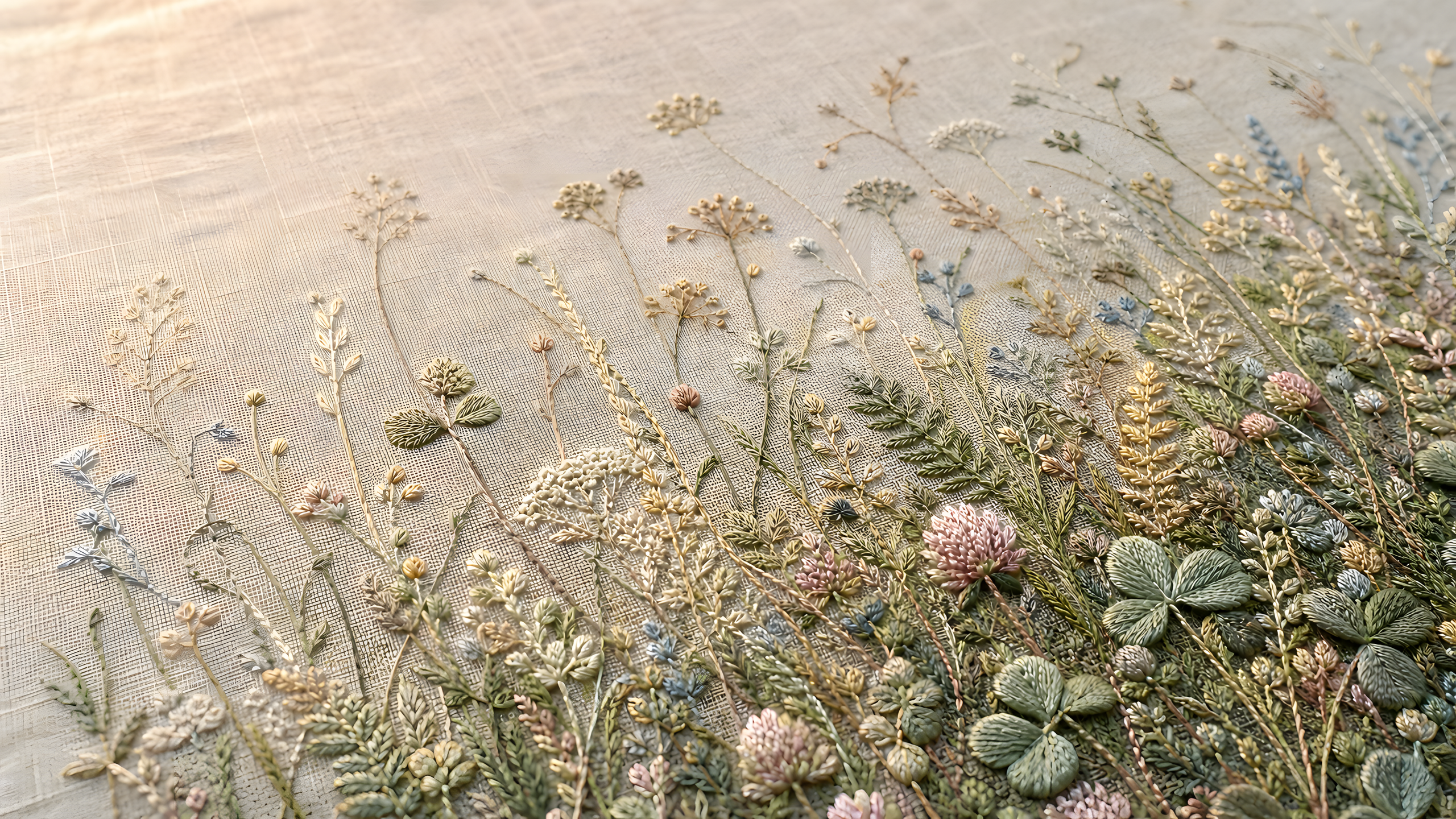 An original free-form embroidery meadow of clover, fern, seed heads and low plants built from layered cotton and silk stitches across natural linen in warm raking light, original 4K pastel wallpaper
