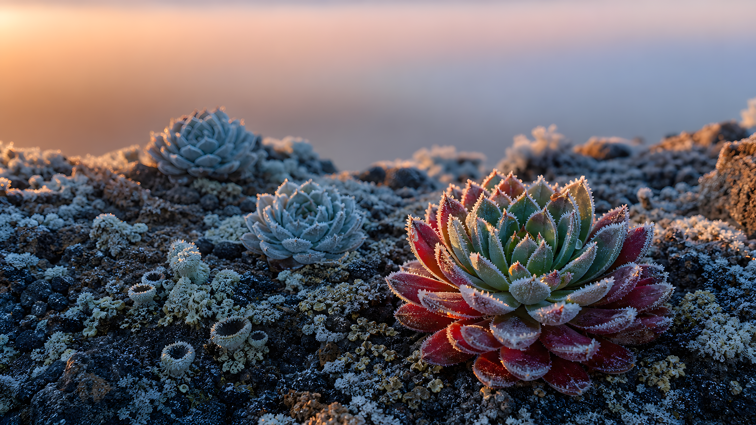 Three complete hardy succulent rosettes edged with delicate hoarfrost among volcanic grit and lichen as restrained first light touches each frost needle, original 4K pastel wallpaper