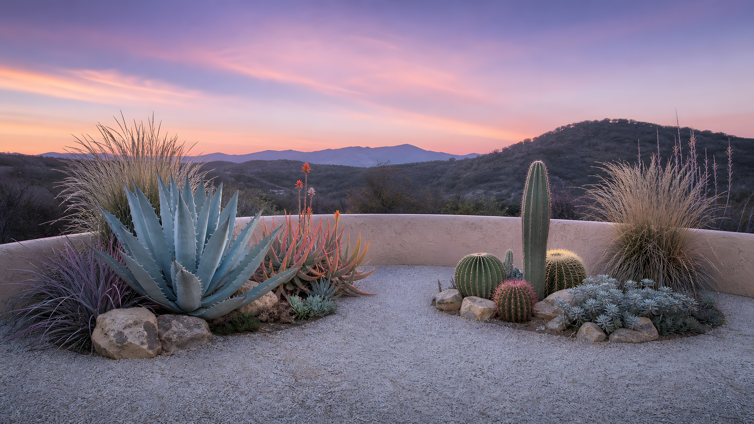A compact dry-garden island of pale blue agave, coral-tipped aloe, varied rounded cacti, silver senecio and soft grasses arranged around open gravel beneath a lavender dusk sky, original 4K pastel wallpaper