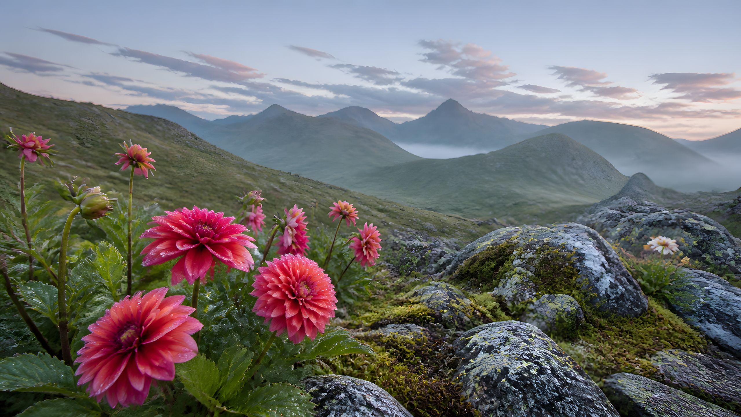 Dahlia Macro Studies in alpine meadow under cool dawn light, original 4K desktop wallpaper