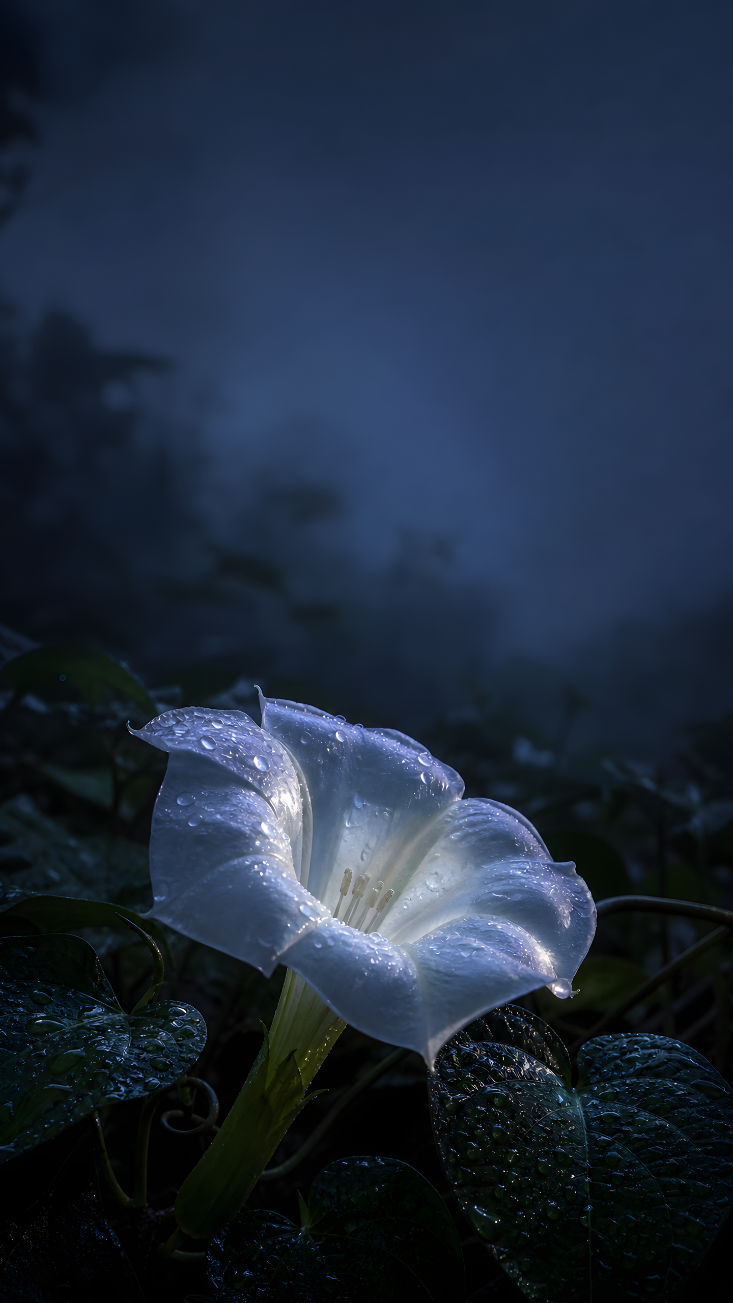 White moonflower and wet green leaves emerging below an open indigo night mist