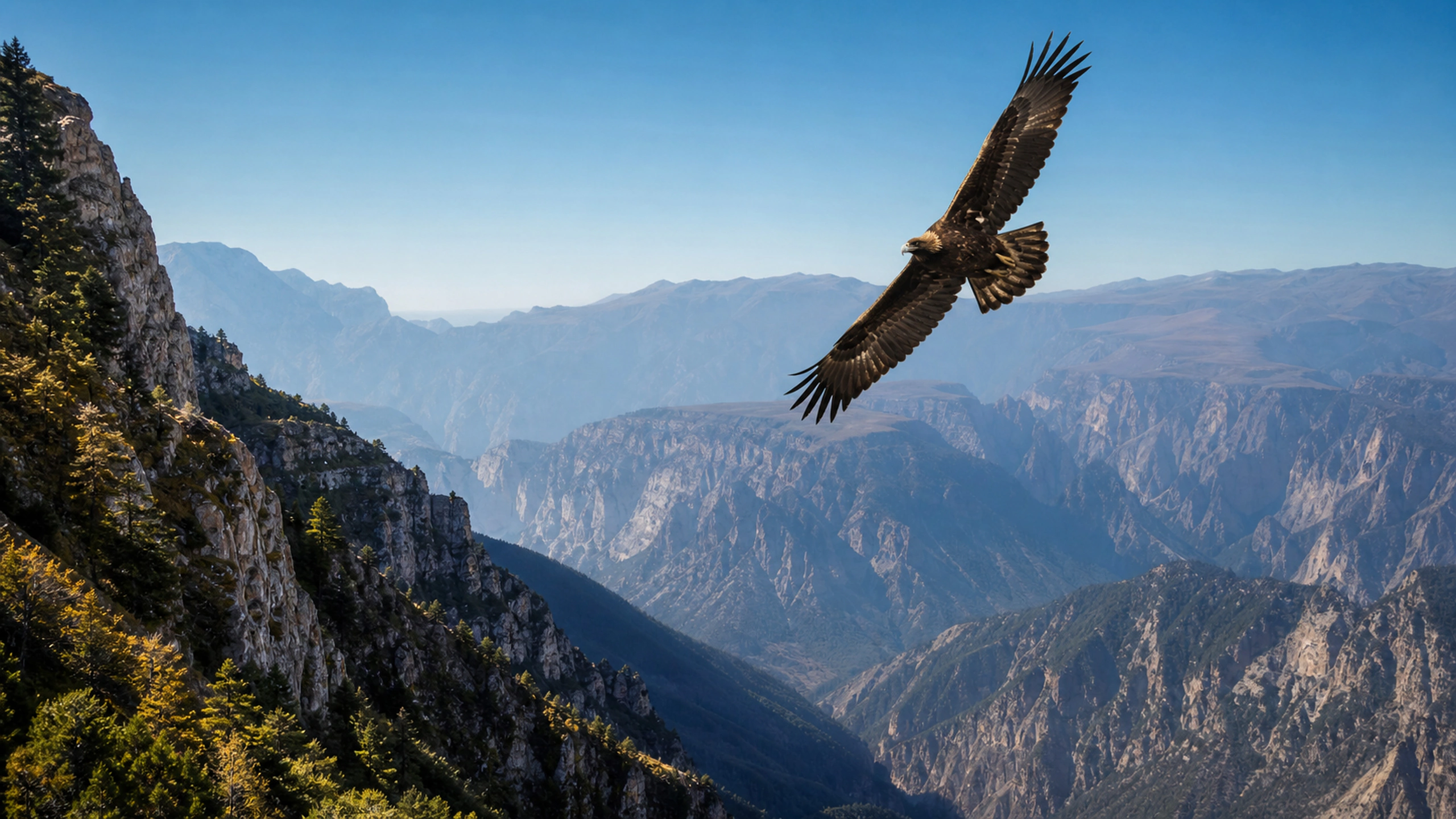 Single eagle banking on a thermal above a vast sunlit canyon, original 4K birds wallpaper