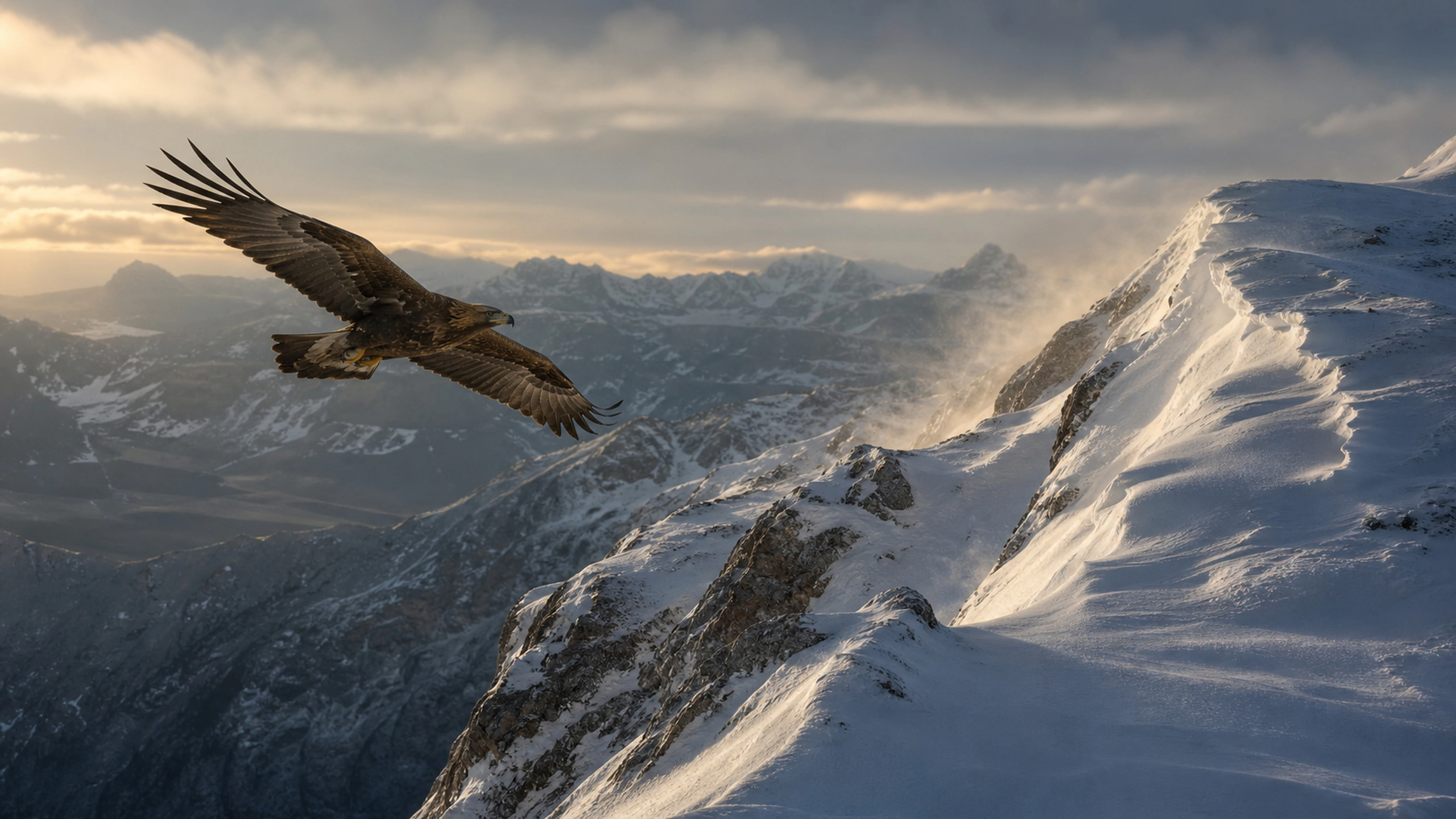 Golden eagle flying parallel to a wind-carved snowy ridge in cold morning light, original 4K birds wallpaper