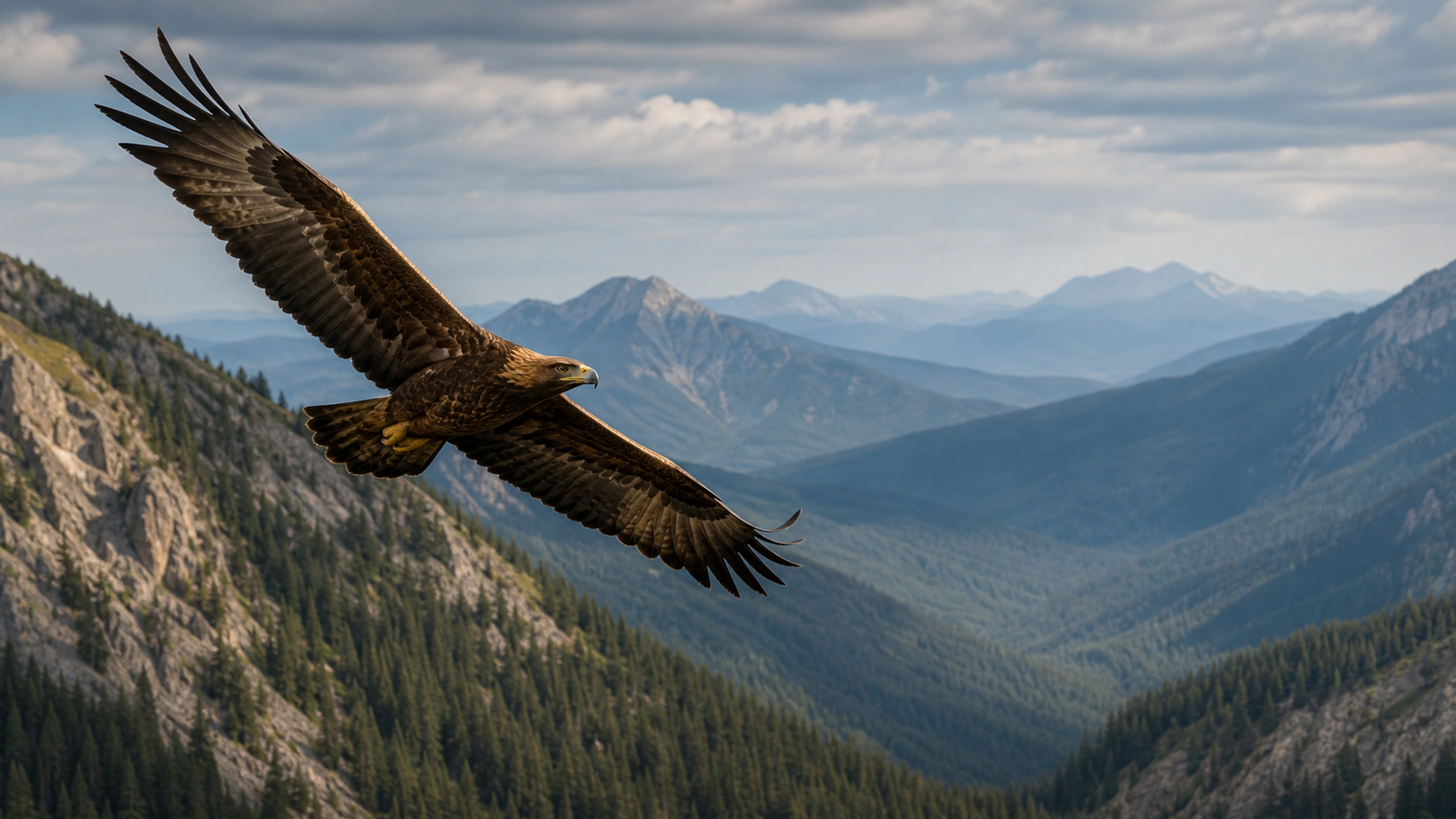 Eagle crossing above an immense pine valley with layered atmospheric depth, original 4K birds wallpaper