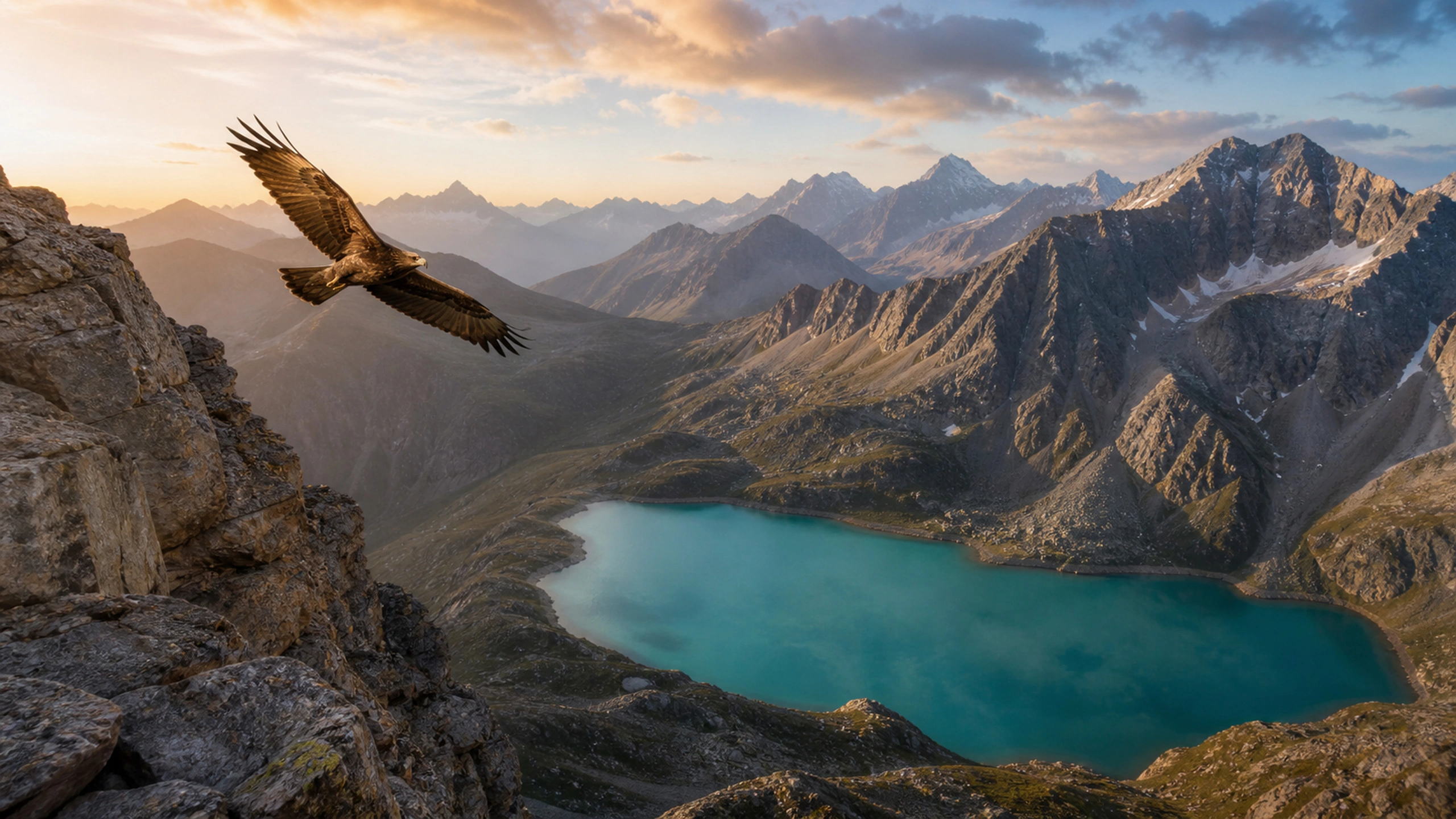 Eagle seen above a turquoise alpine lake from a high rocky viewpoint, original 4K birds wallpaper