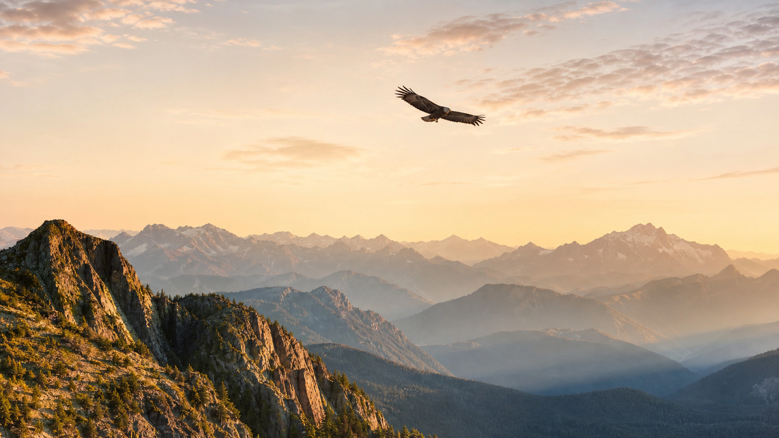 Single eagle crossing a pale sunrise between distant serrated peaks, original 4K birds wallpaper