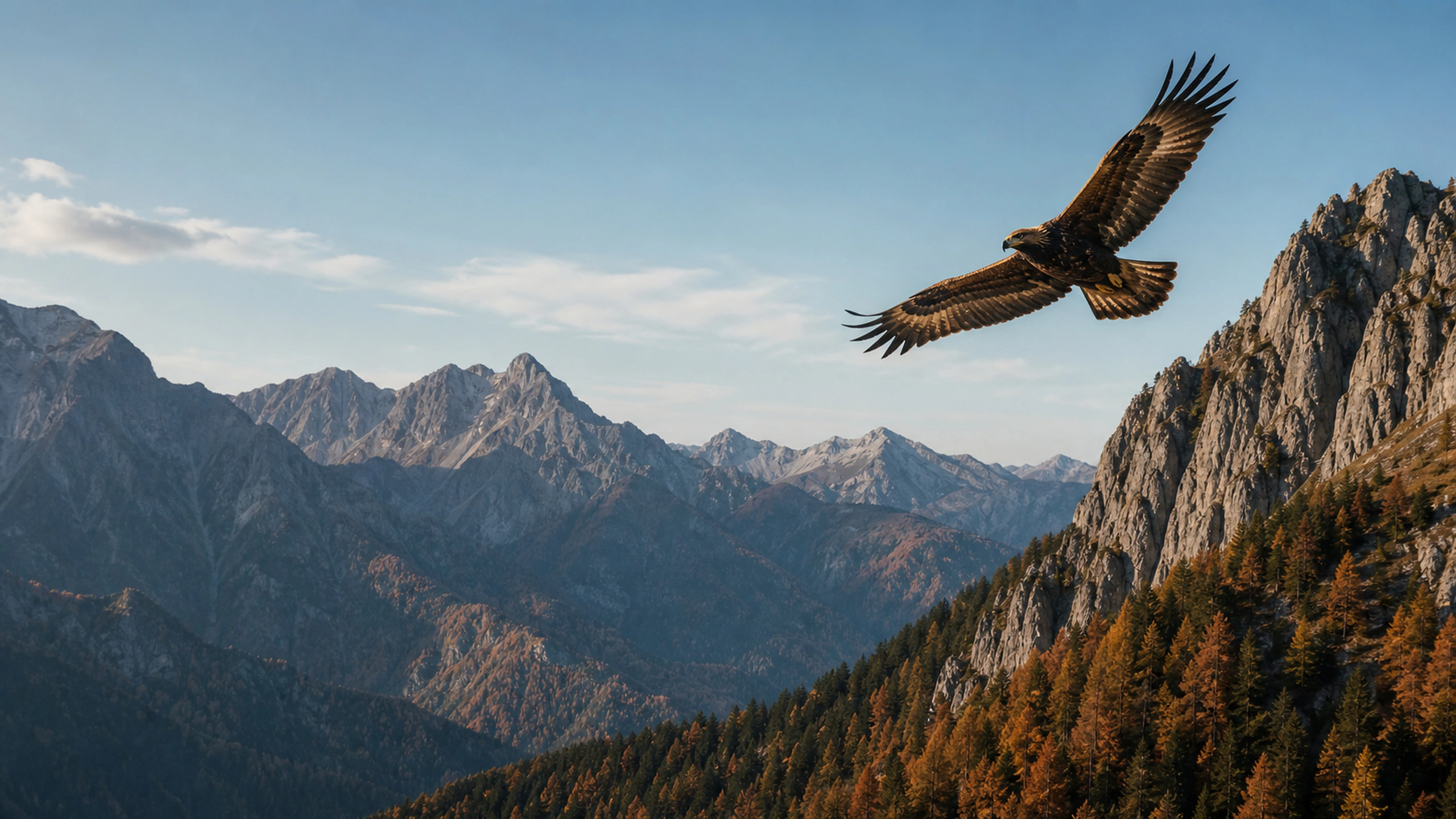 Golden eagle above copper alpine forest and gray rock in clear fall air, original 4K birds wallpaper