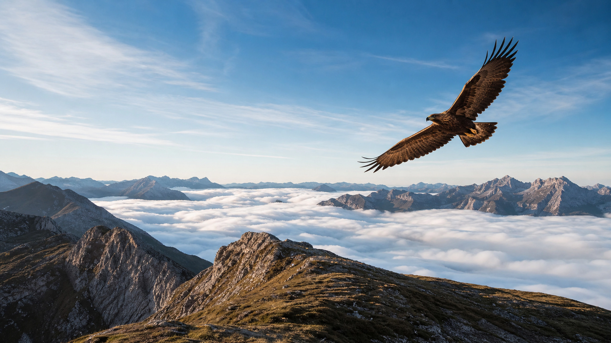 Eagle soaring above a mountain cloud inversion under a wide blue sky, original 4K birds wallpaper