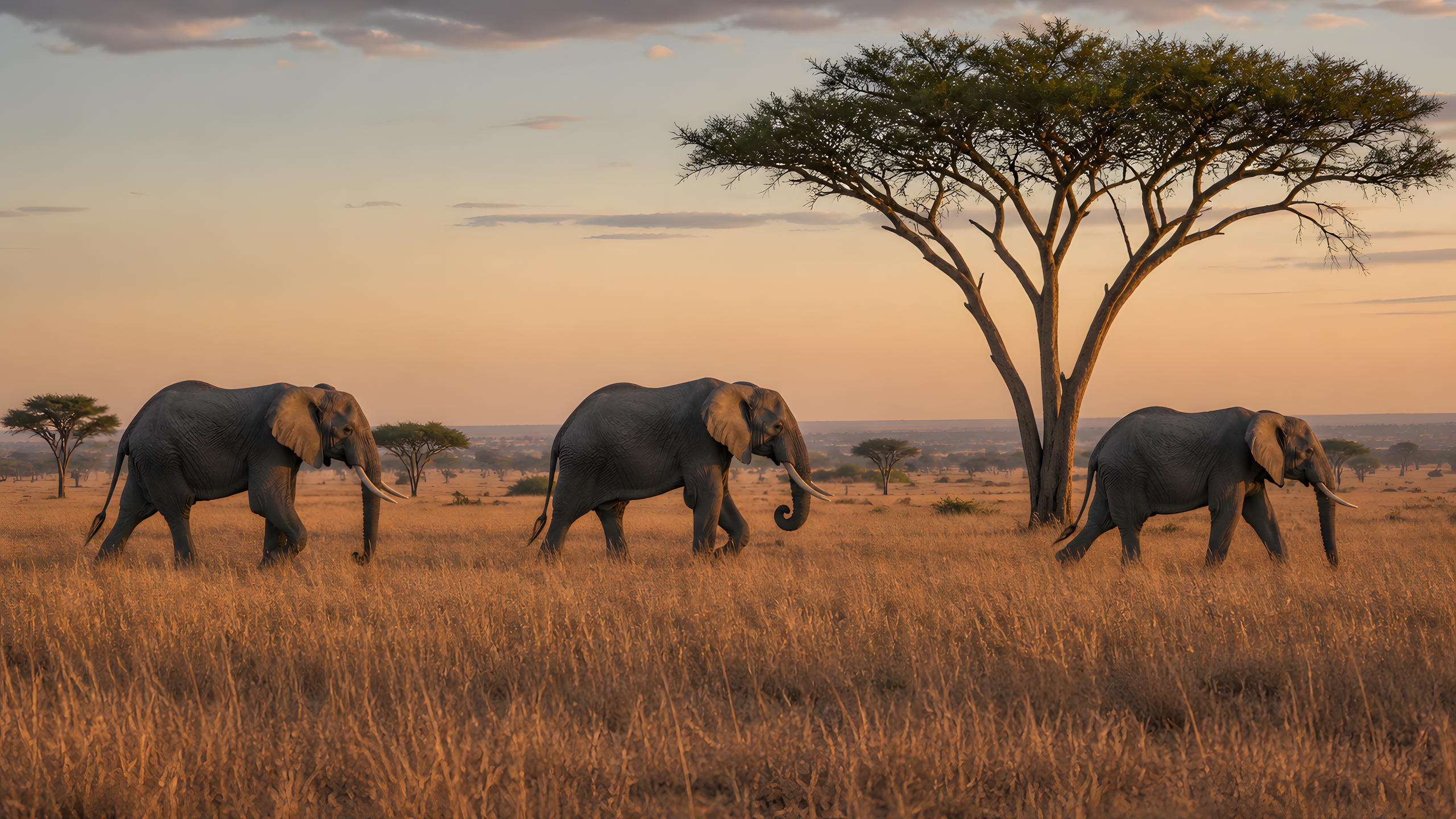Three African elephants crossing open savanna grass beneath acacias at dawn