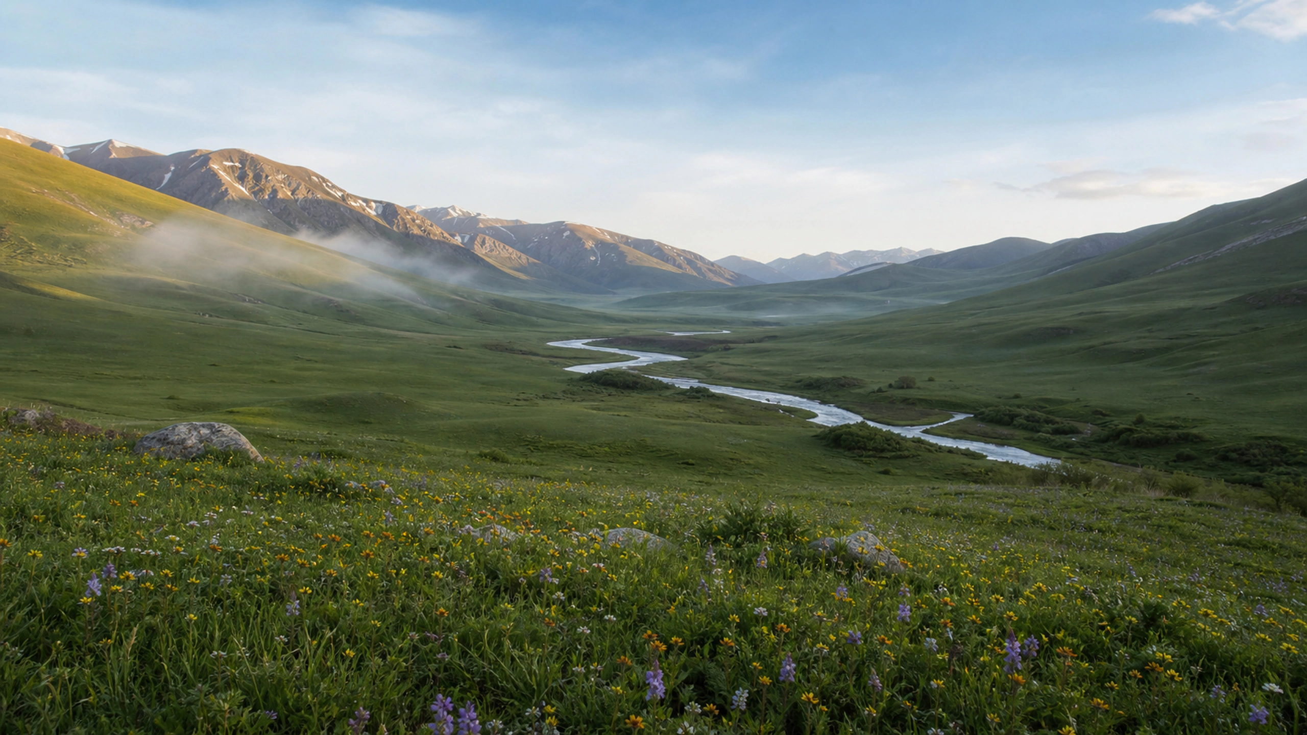 Wide valley meadow naturally scattered with spring flowers and a distant stream, original 4K nature wallpaper