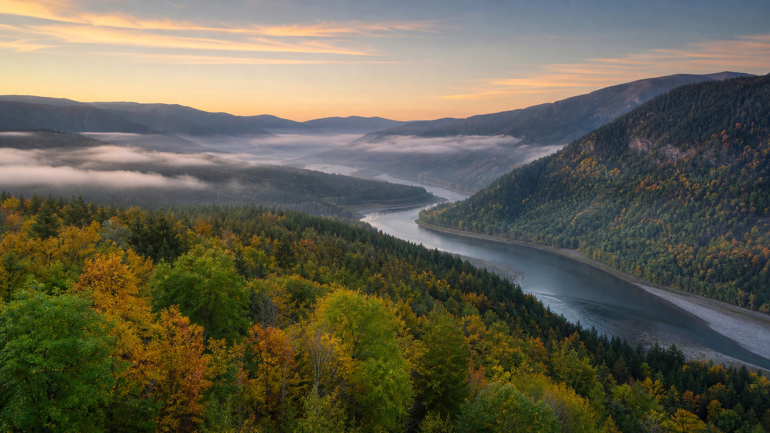 Emerald valley transitioning into early autumn with naturally mixed tree color, original 4K nature wallpaper