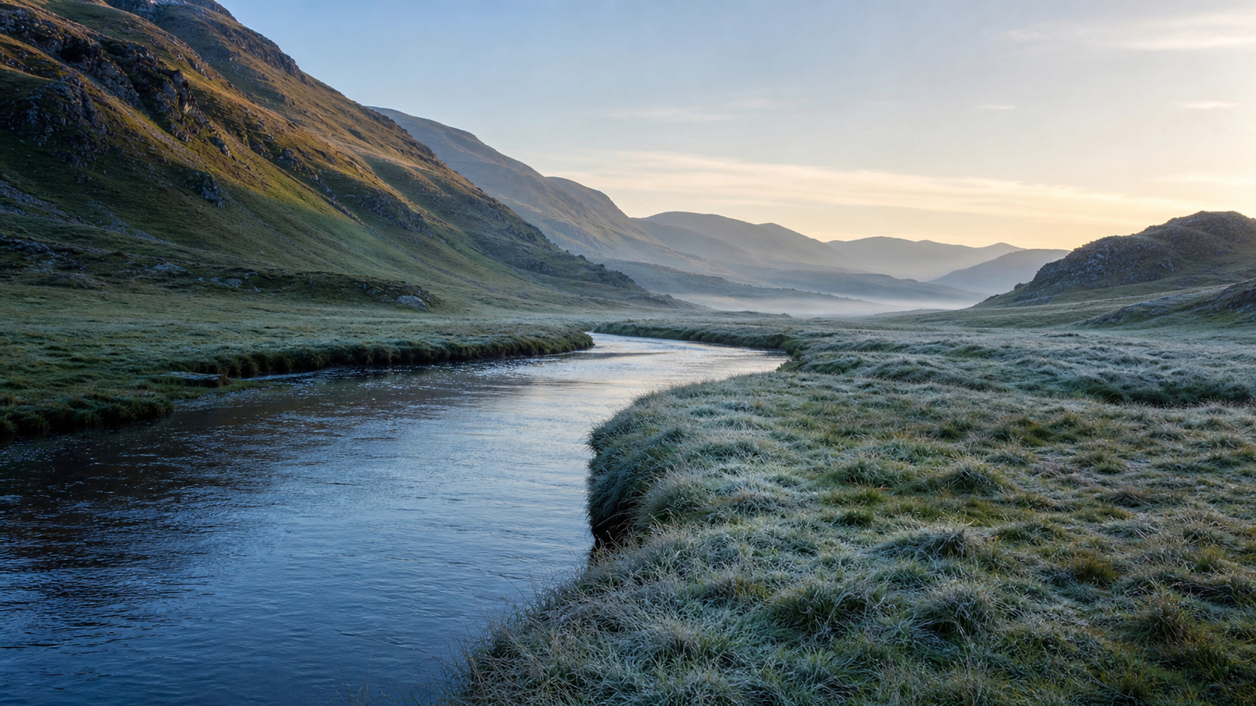 Light frost across valley grass beside dark water under pale sunrise, original 4K nature wallpaper