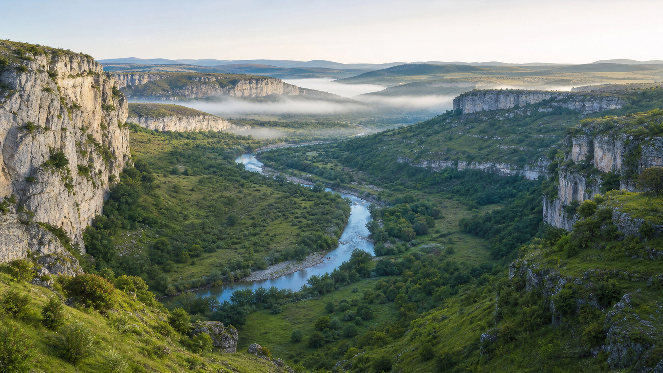 Green river valley enclosed by weathered pale limestone walls, original 4K nature wallpaper