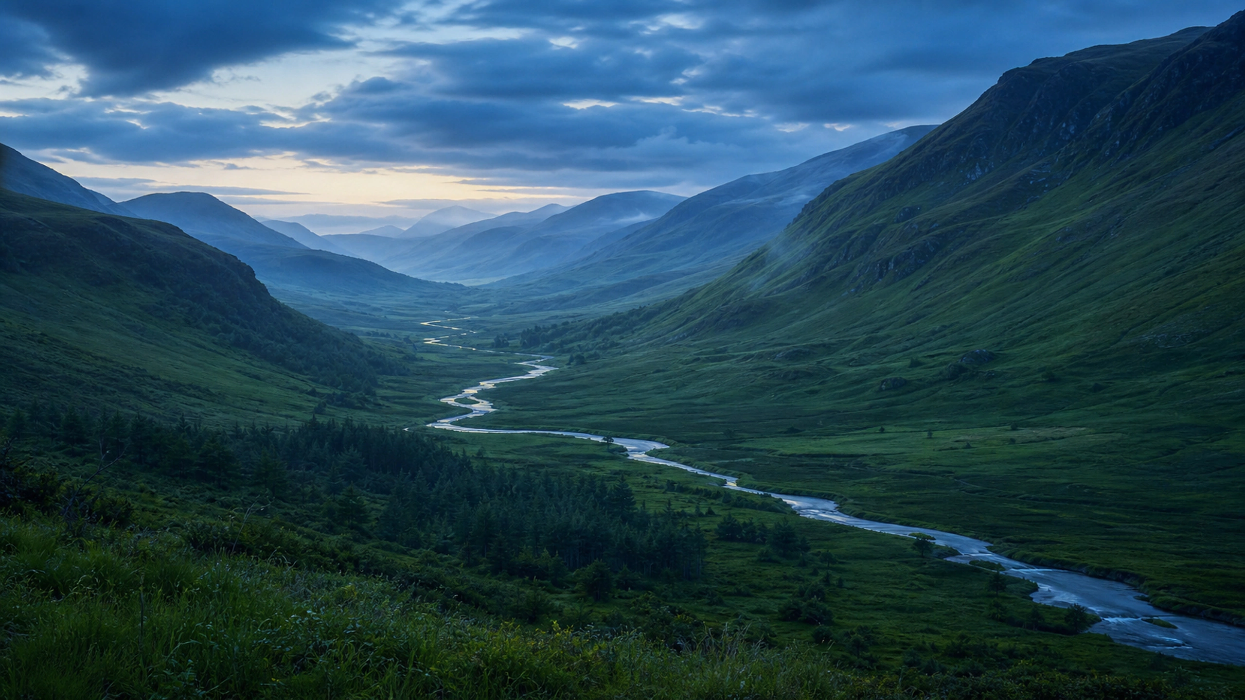 Deep green valley settling into cool blue hour with a thin reflective river, original 4K nature wallpaper