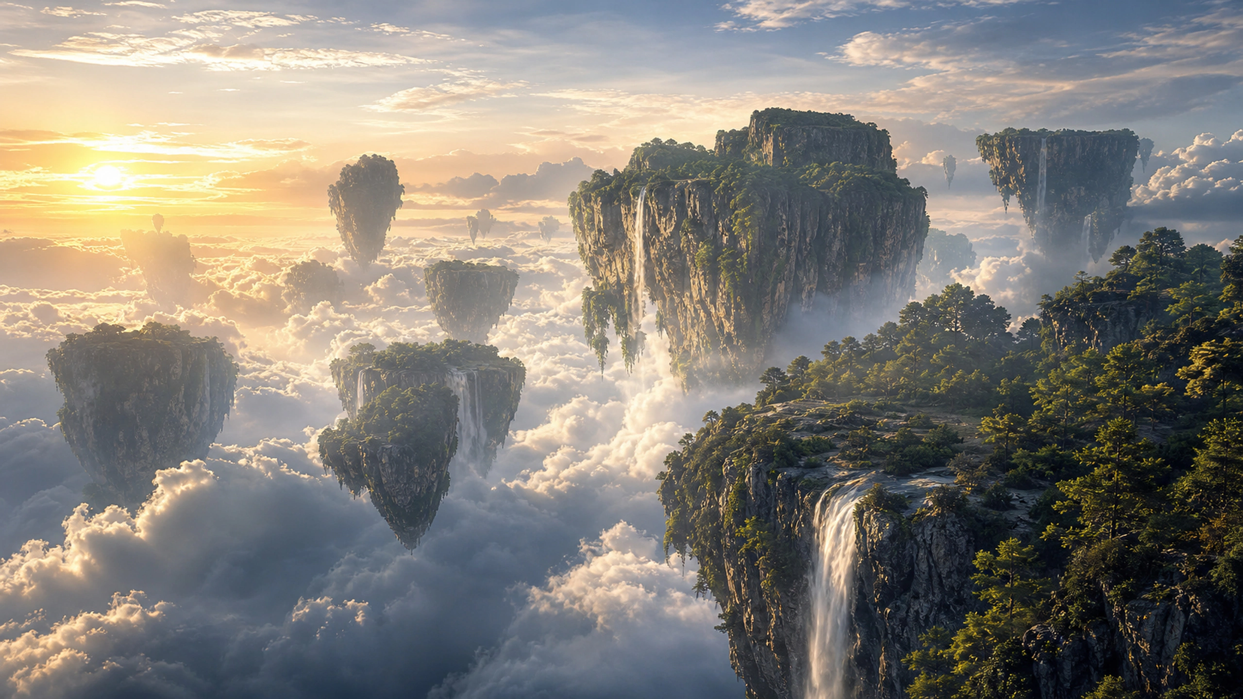 Scattered forested floating islands rising above a deep cloud ocean at sunrise, original 4K fantasy worlds wallpaper