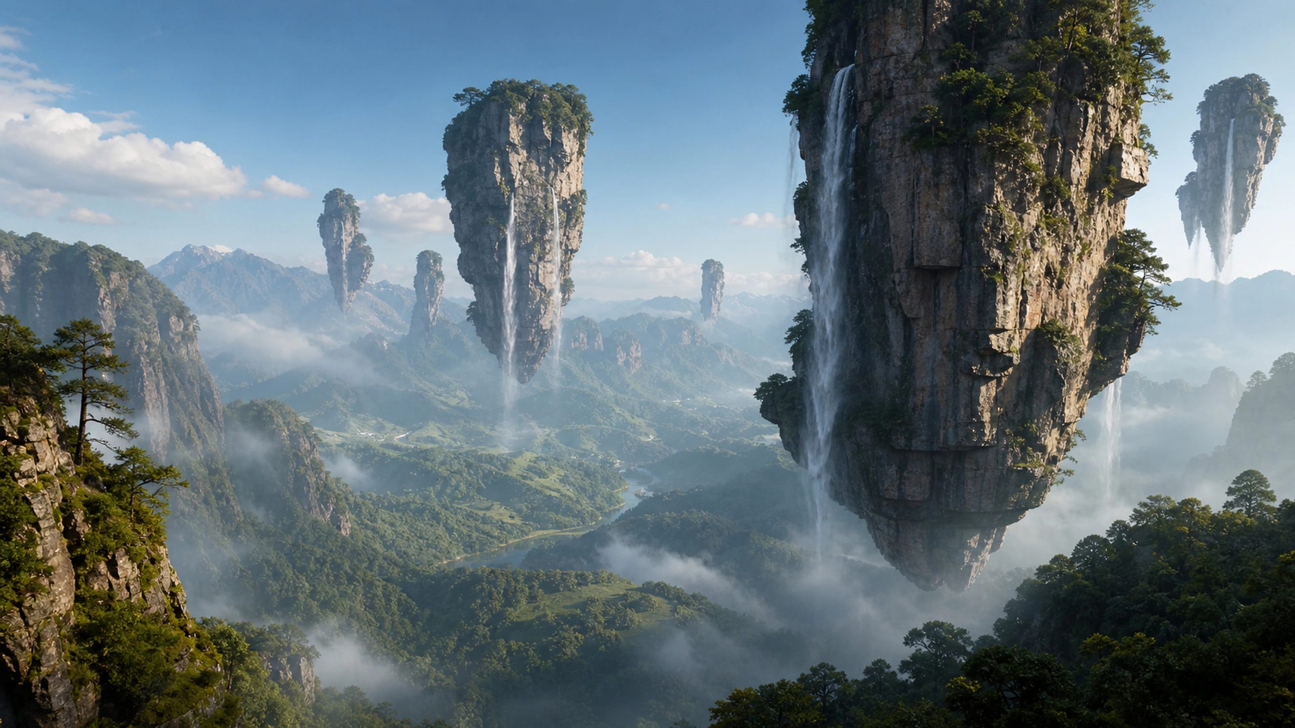 Tall airborne rock columns releasing waterfalls into a vast green valley, original 4K fantasy worlds wallpaper