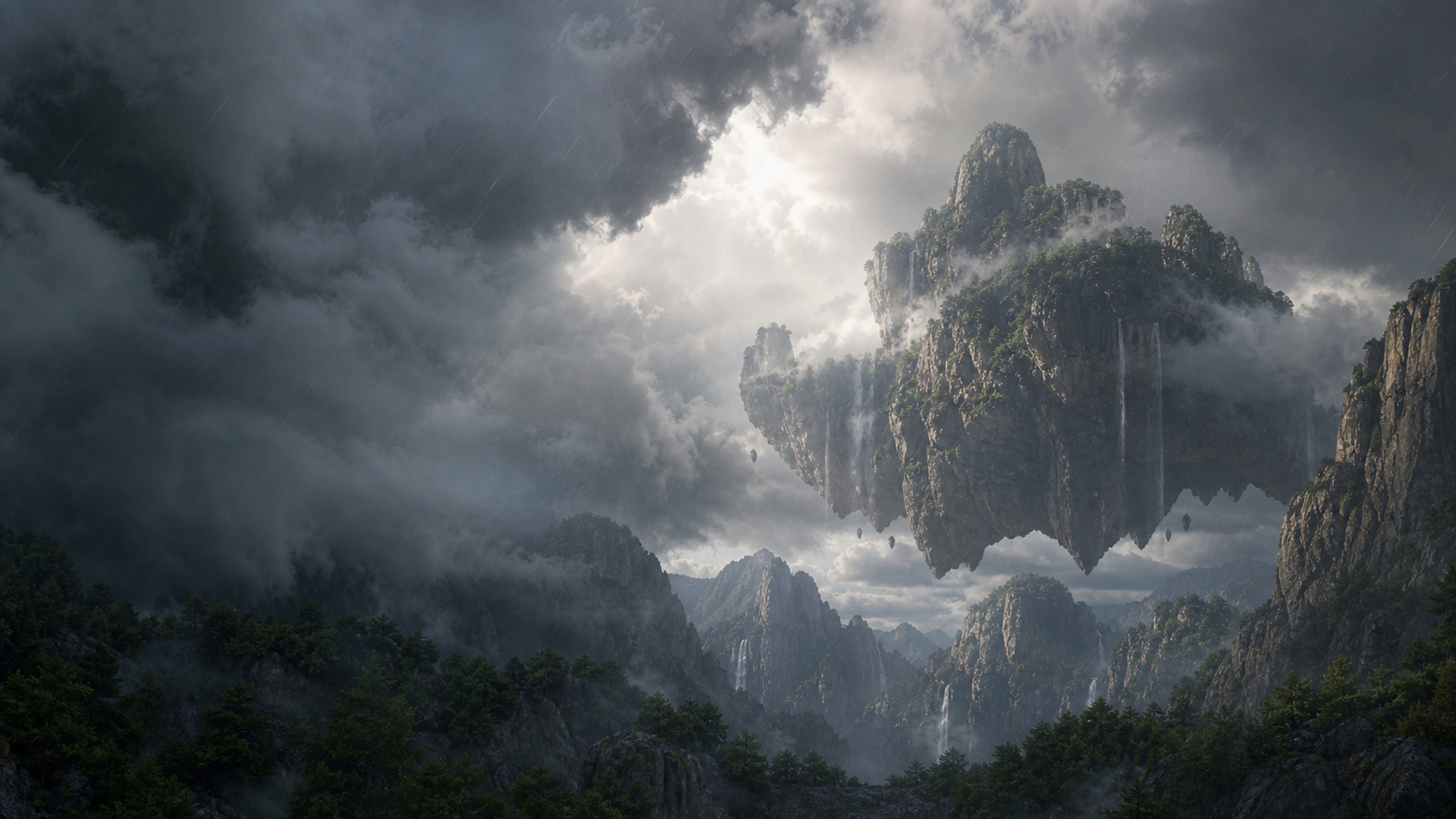 Floating landmasses partly hidden inside a powerful mountain thunderstorm, original 4K fantasy worlds wallpaper