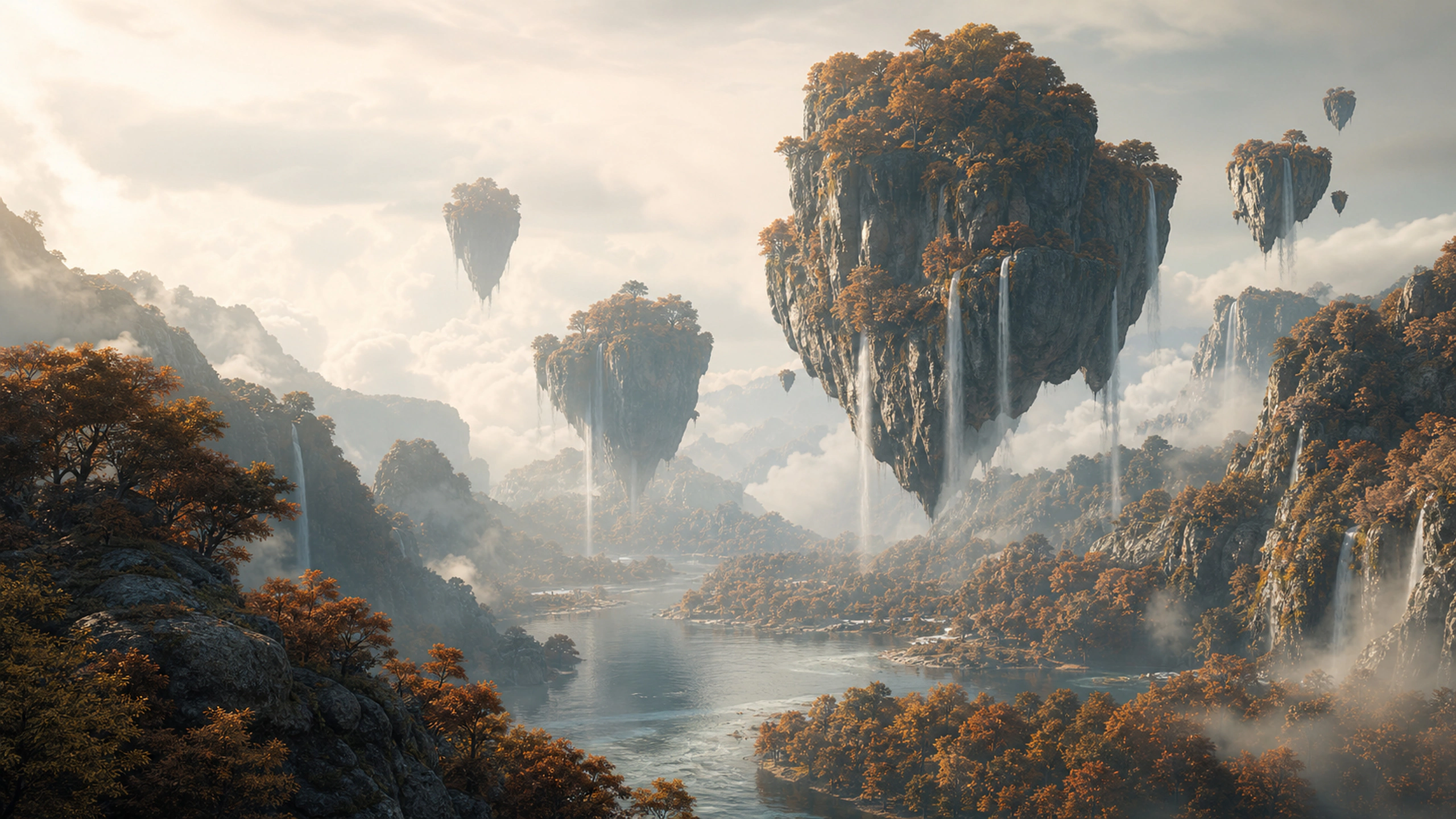 Original airborne islands covered in copper forest above a misty river landscape, original 4K fantasy worlds wallpaper