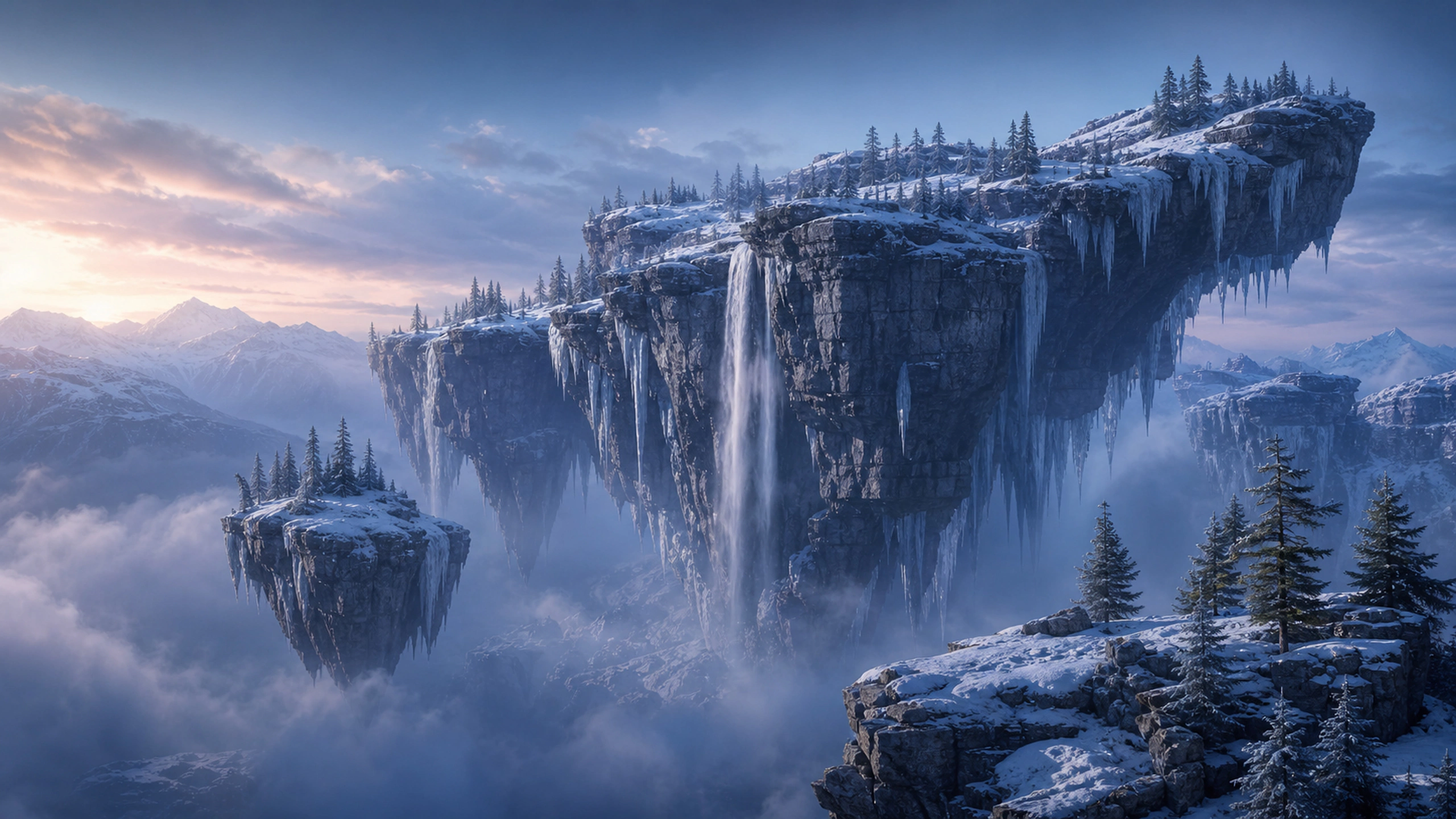 Snow-covered floating plateaus and hanging icefalls under cold blue dawn, original 4K fantasy worlds wallpaper