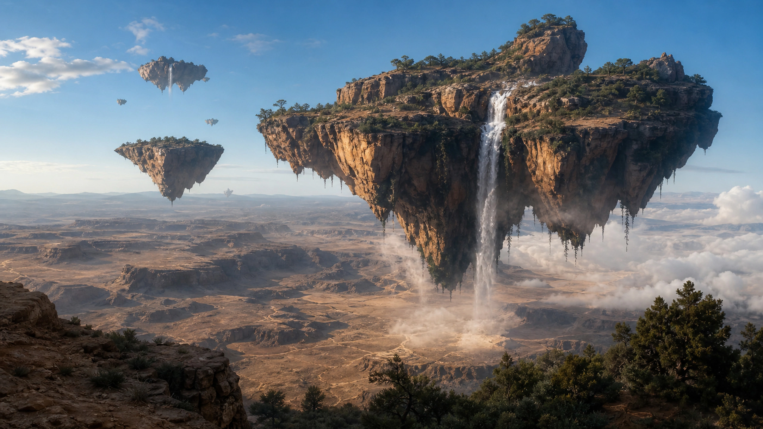 Wind-carved floating sandstone islands above an immense desert basin, original 4K fantasy worlds wallpaper