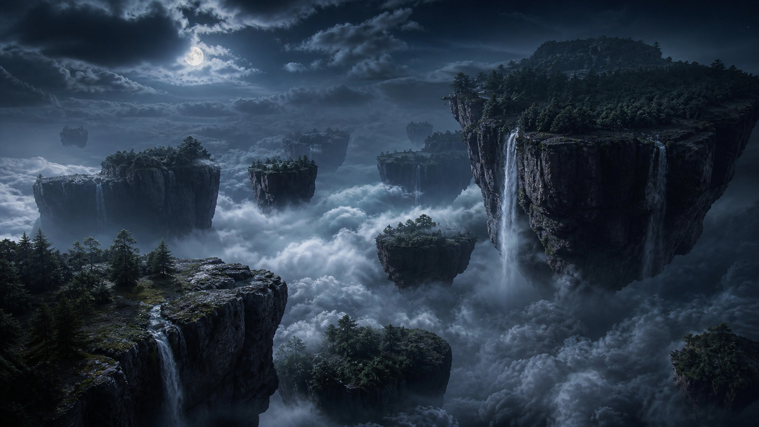 Dark floating islands crossing restrained moonlight above a silver cloud layer, original 4K fantasy worlds wallpaper
