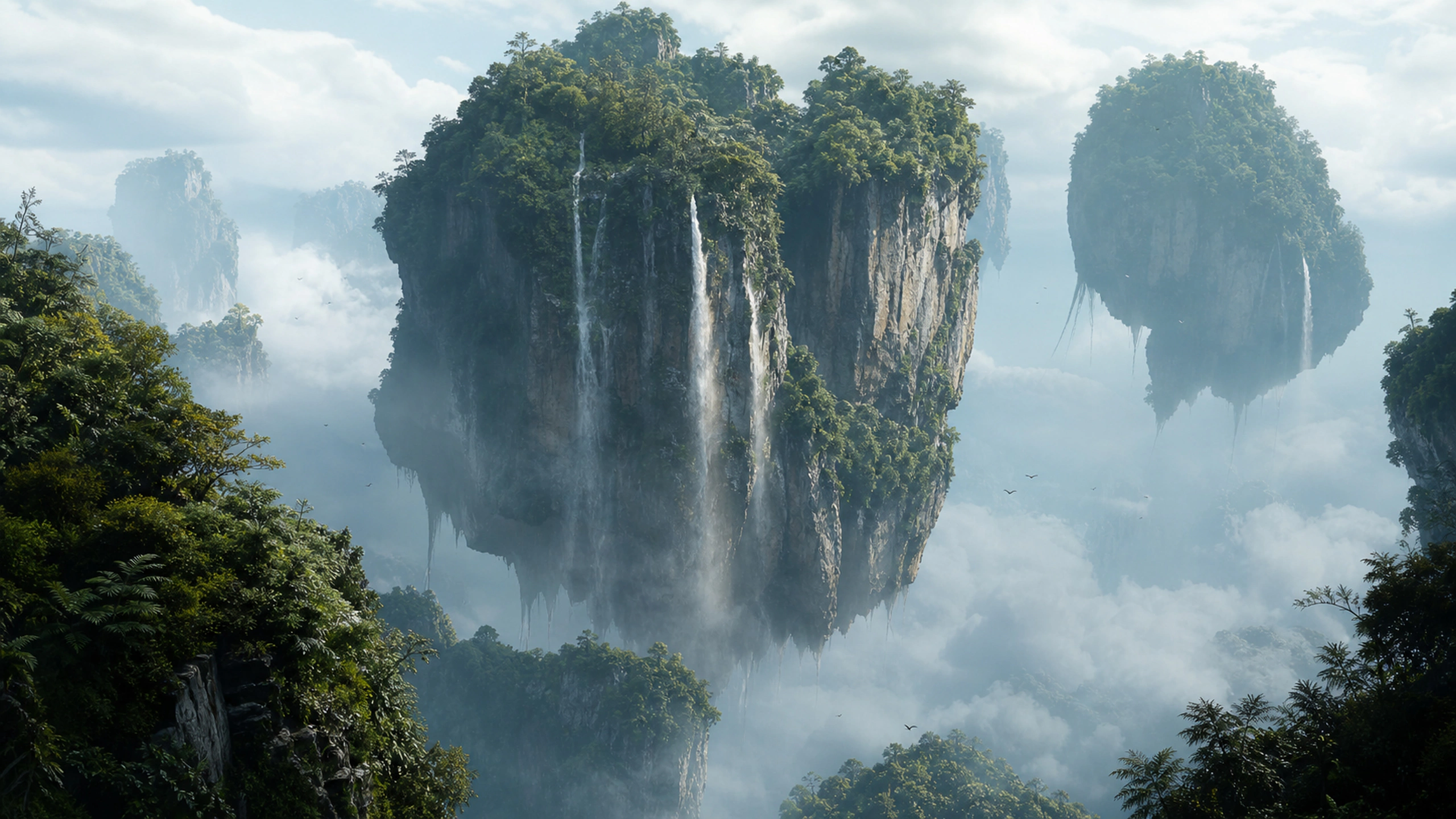 Huge floating cliffs covered in dense rainforest and fine falling water, original 4K fantasy worlds wallpaper