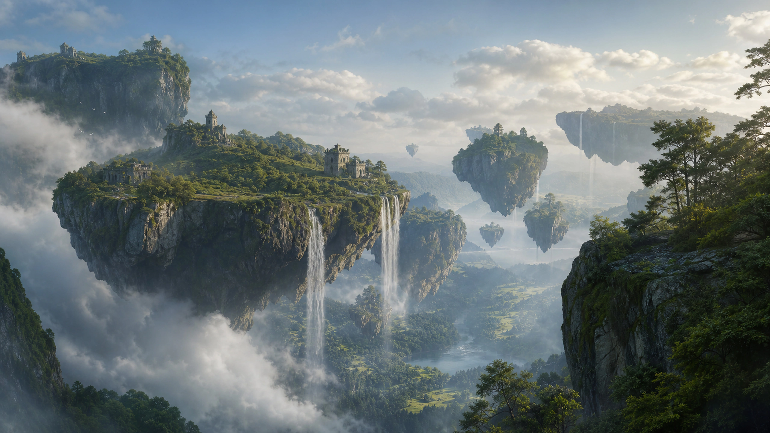 Tiny original non-branded stone structures integrated subtly into far floating islands, no people, original 4K fantasy worlds wallpaper