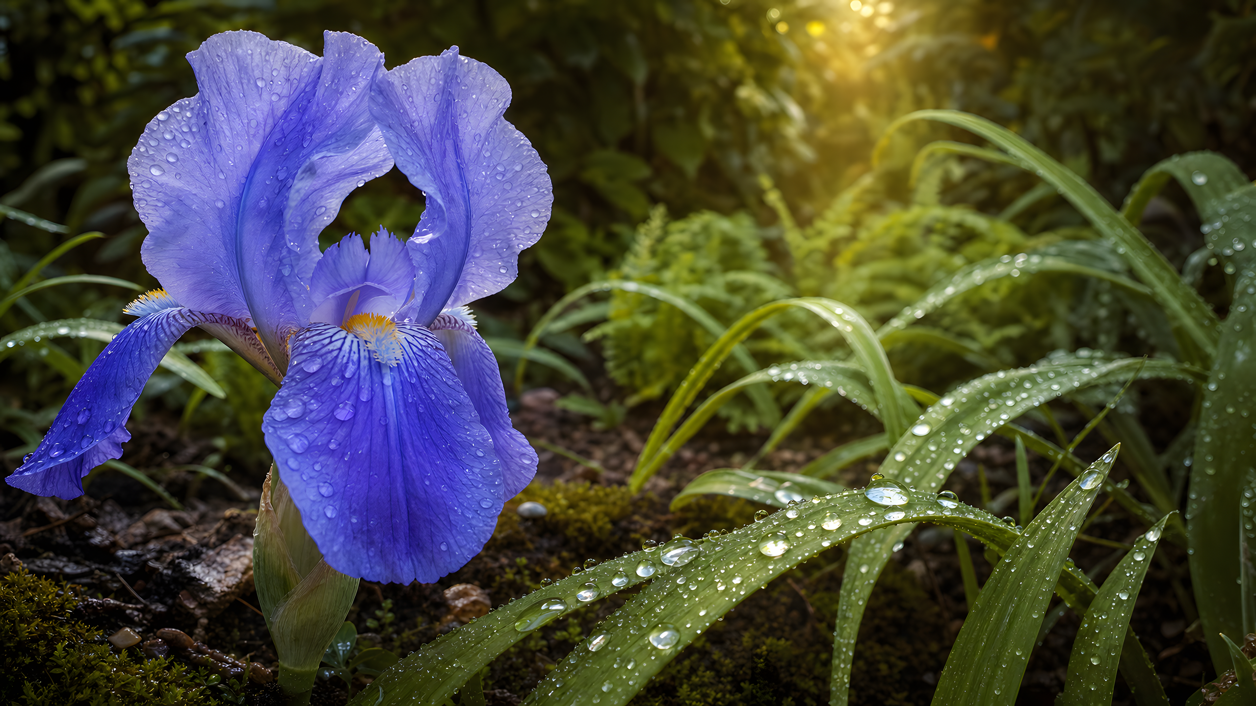 A complete blue-violet bearded iris immediately after spring rain, photographed from a low side angle among wet leaves, moss and round droplets as one warm shaft enters the shaded bed, original 4K flowers wallpaper
