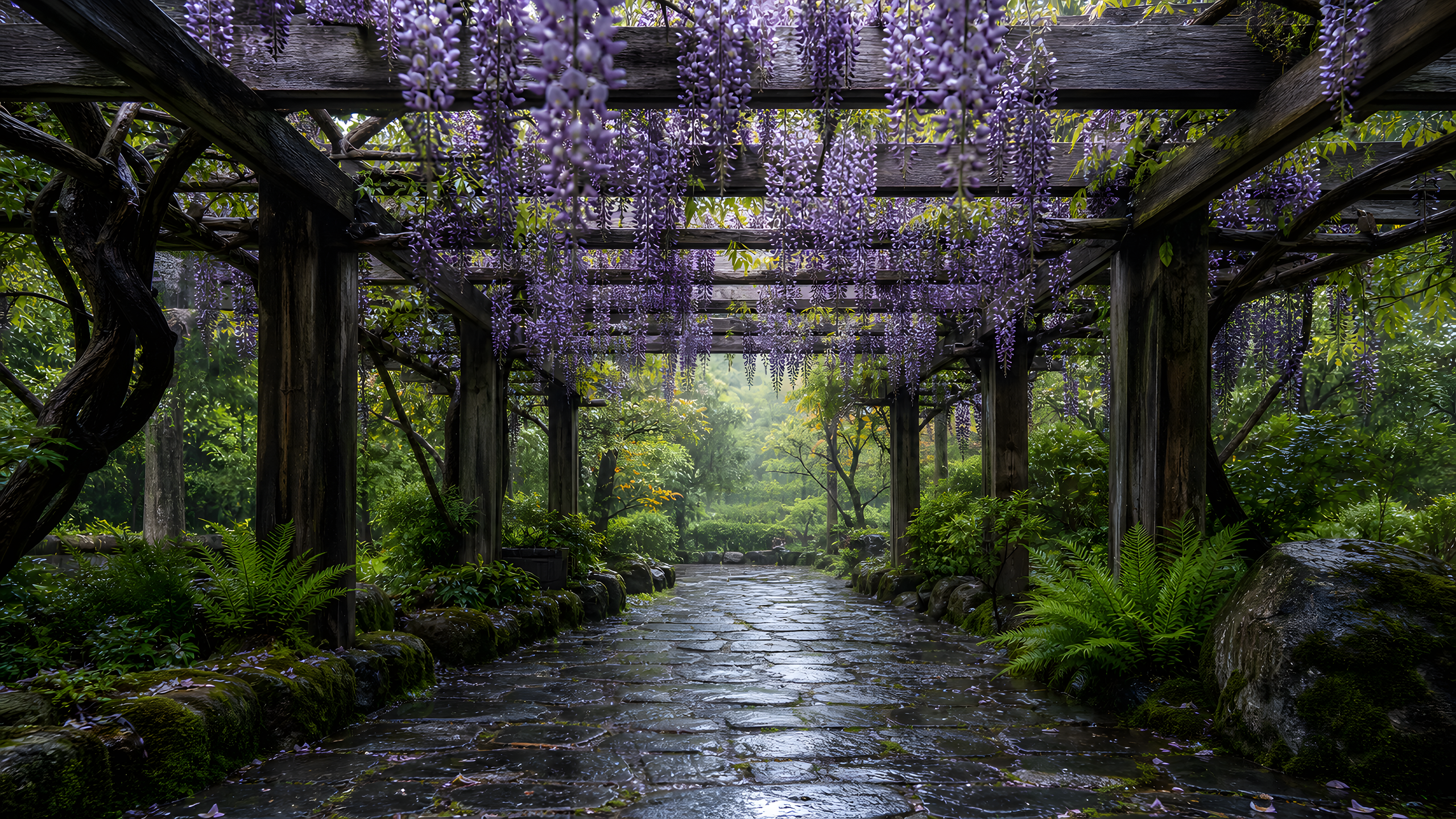 A mature wisteria-covered timber pergola with varied lavender racemes, gnarled vines, rain-dark stepping stones, ferns and moss in luminous cool afternoon rain, original 4K flowers wallpaper