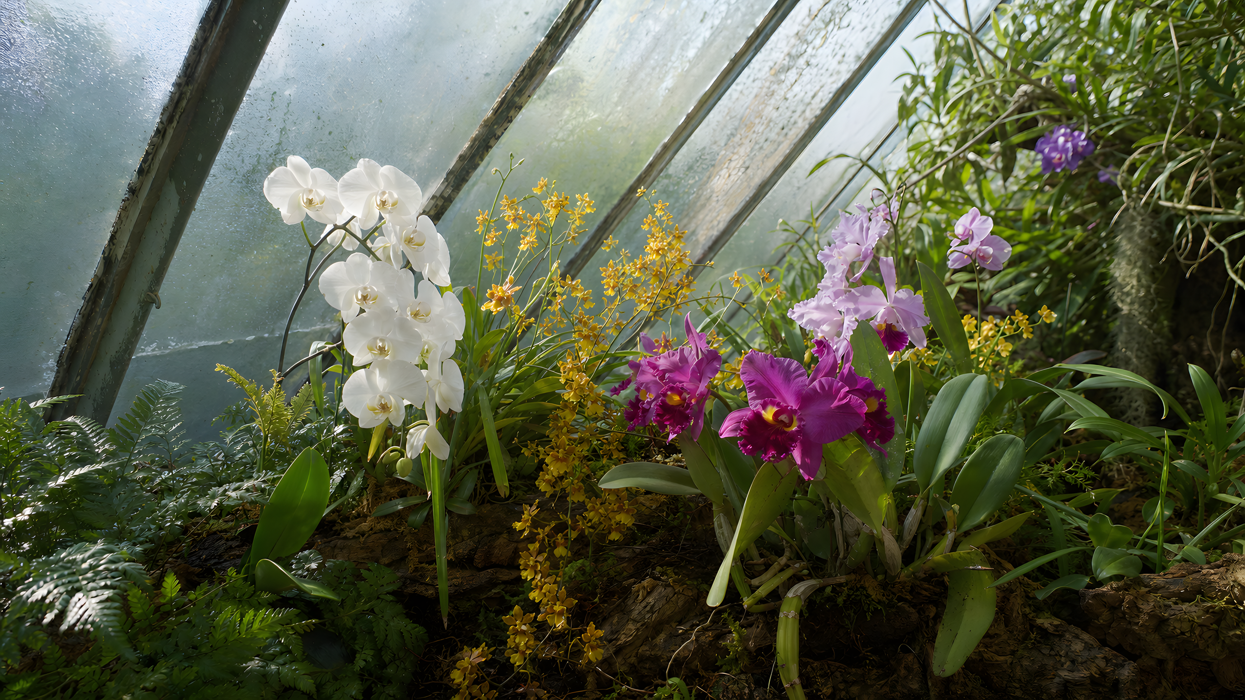 A humid original glass conservatory of white moth orchids, amber oncidiums and magenta cattleyas rooted among bark and ferns beneath broken sunbeams and condensation, original 4K flowers wallpaper