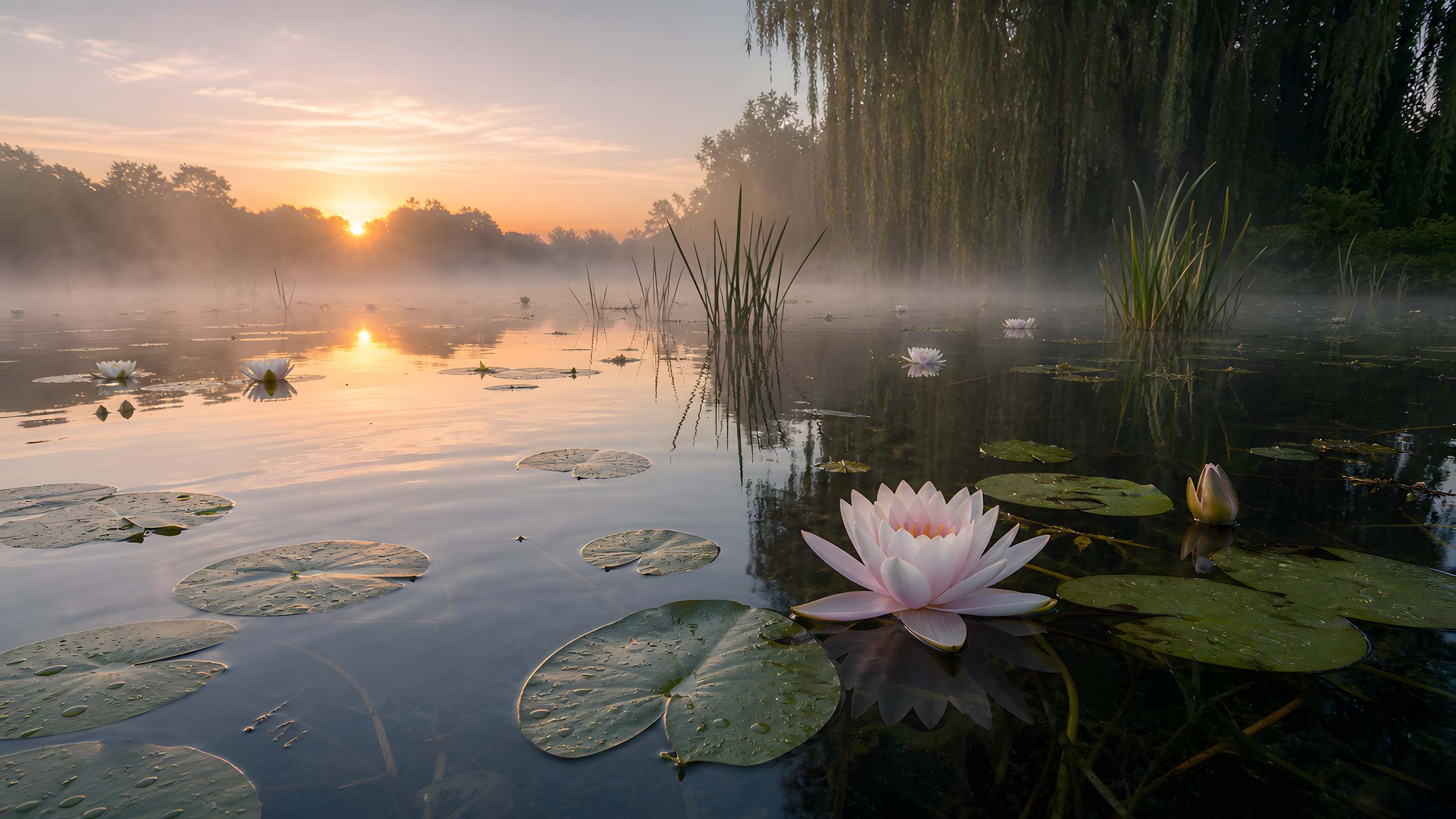 White and pale pink water lilies at varied opening stages across a misty pond, seen at water level among notched pads, reeds and weeping-willow reflections at sunrise, original 4K flowers wallpaper