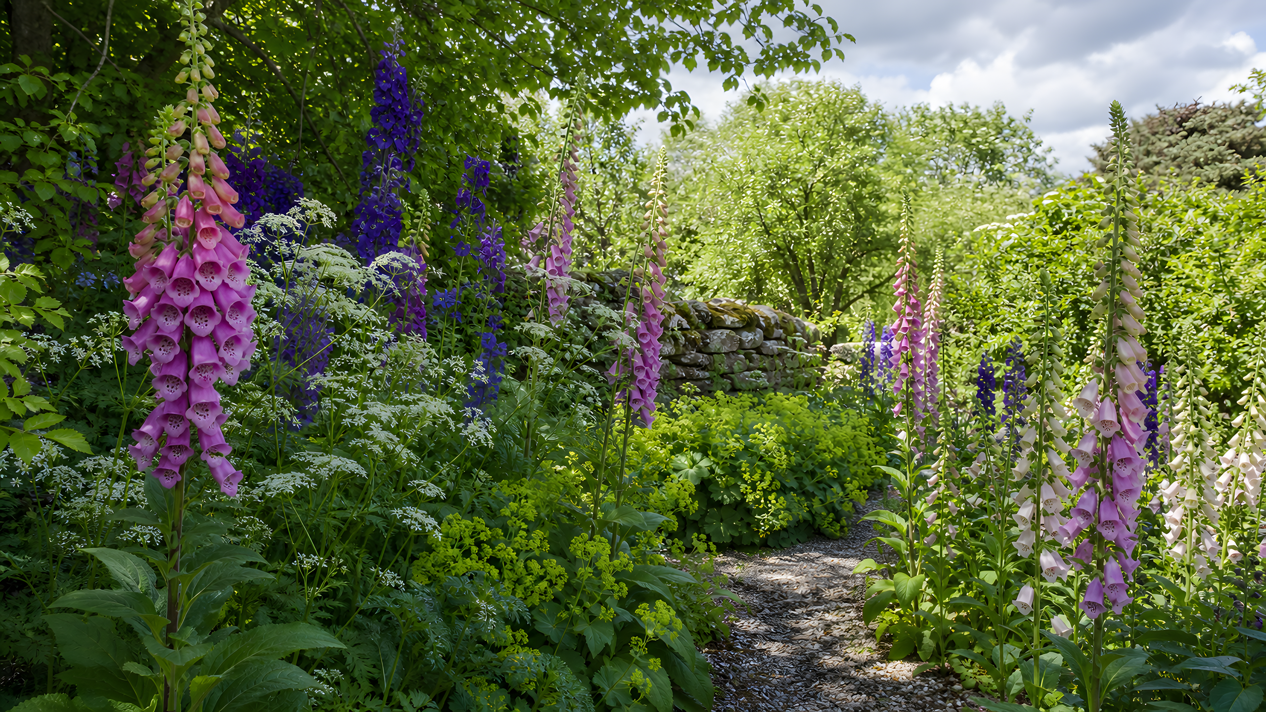Tall pink foxglove, violet delphinium, lady's mantle and airy white umbels framing a narrow gravel path and weathered stone boundary in broken early-summer sun, original 4K flowers wallpaper