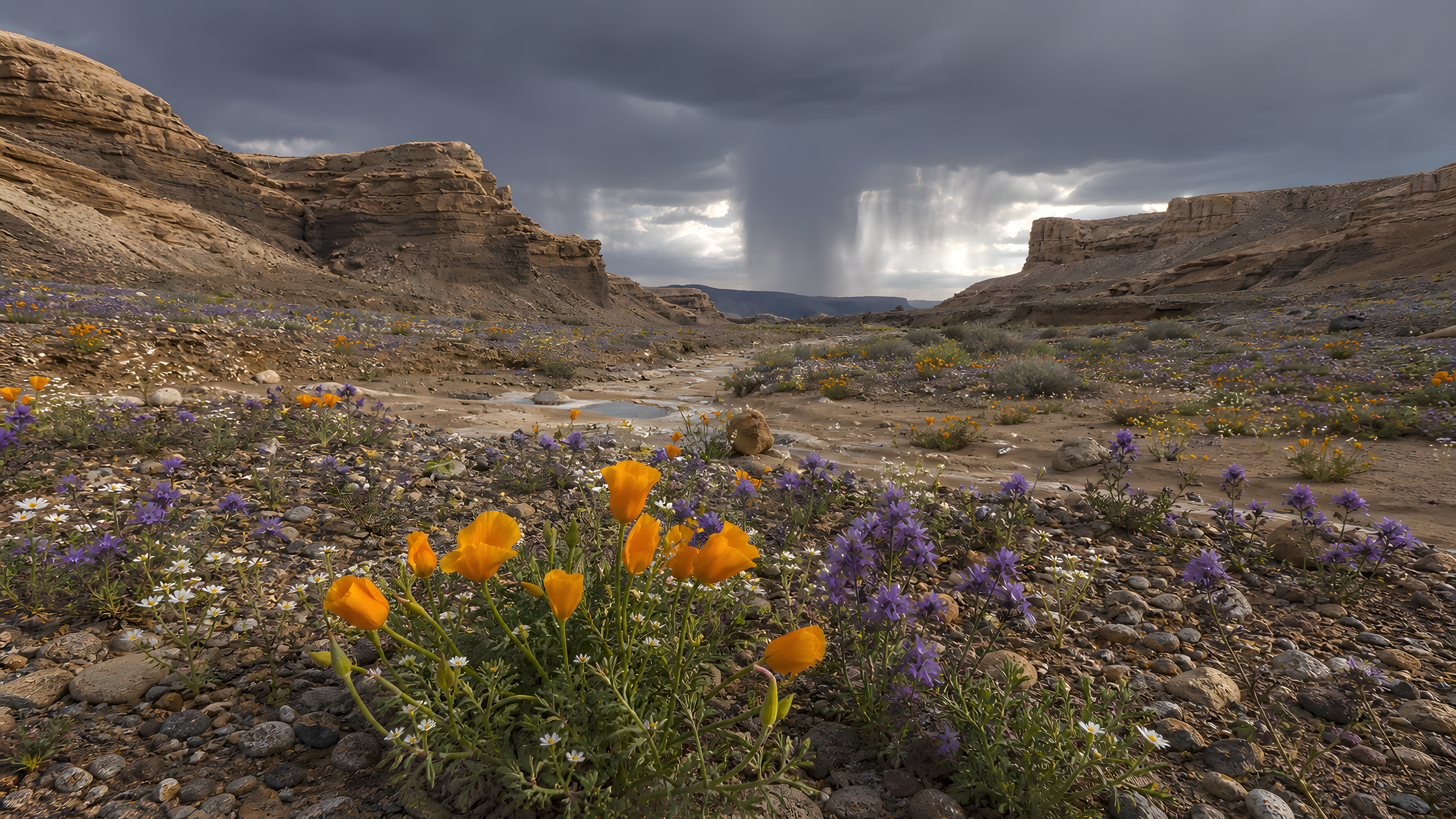 Sparse orange poppies, purple phacelia and tiny white flowers scattered through an arid sandstone wash beneath a dramatic spring storm and distant rain shafts, original 4K flowers wallpaper