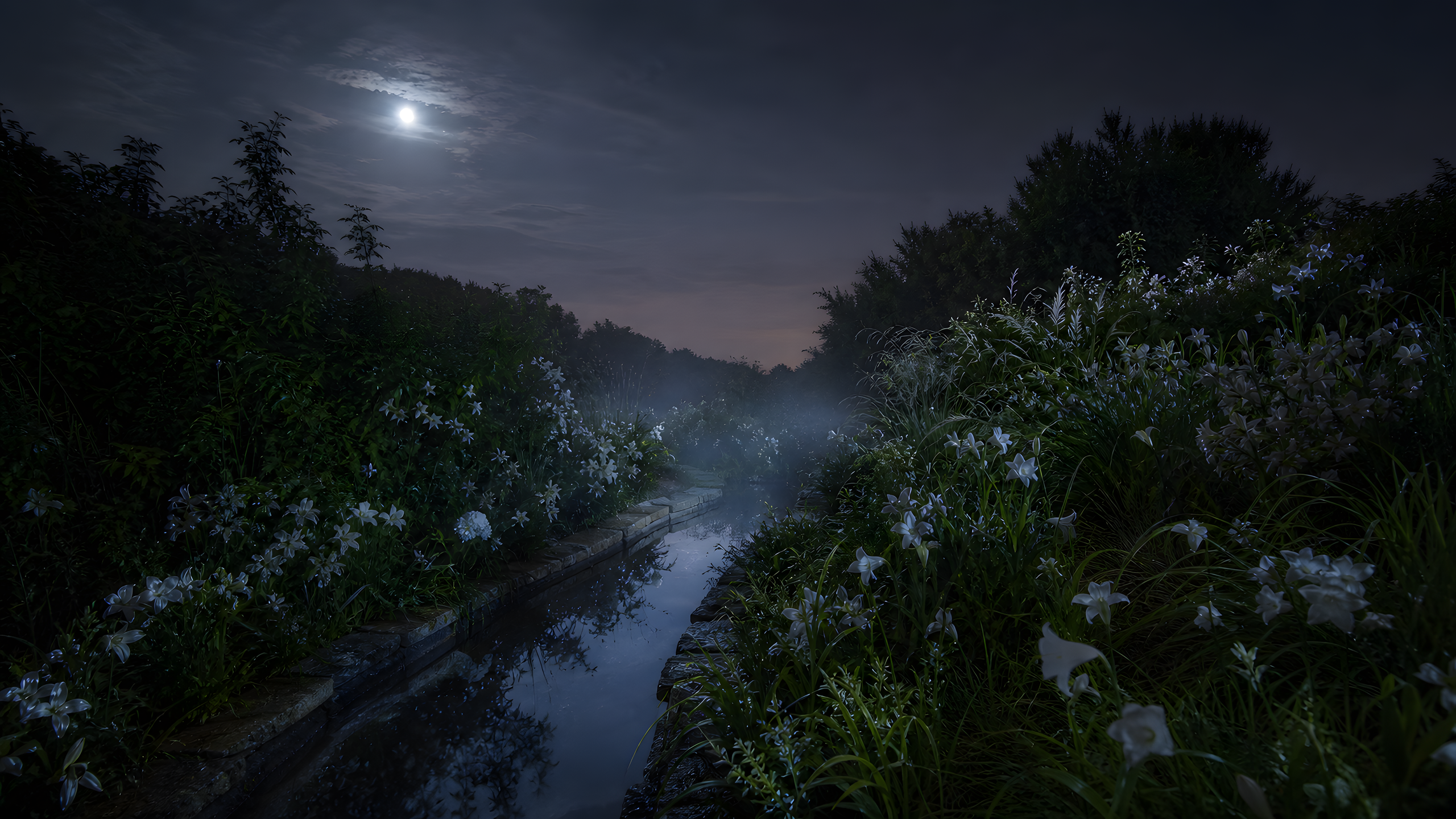 Moonflowers, jasmine, pale nicotiana and soft grasses lining a narrow stone rill beneath cloud-filtered moonlight and faint ground mist, original 4K flowers wallpaper