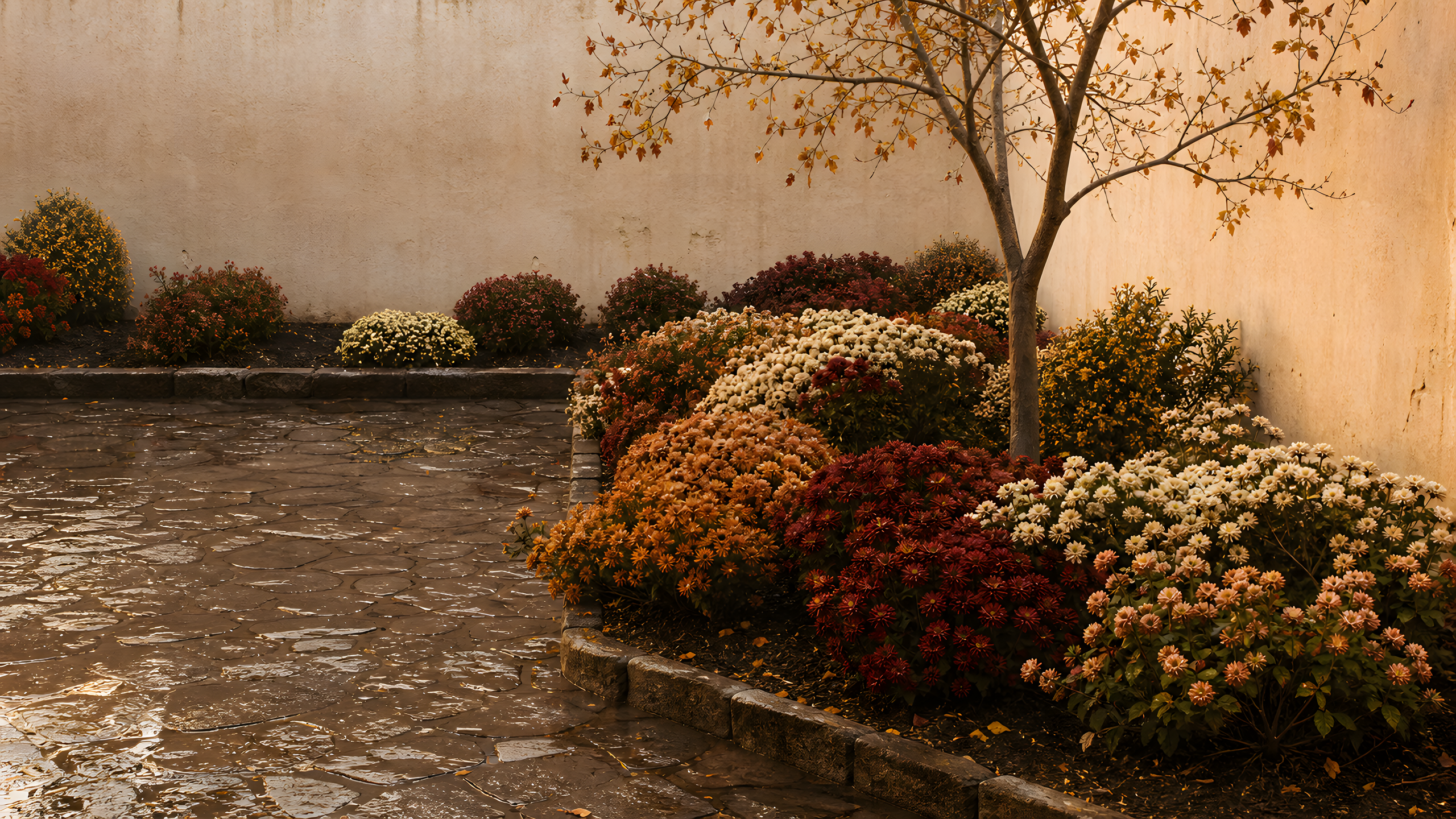 Bronze, cream, rust and muted burgundy chrysanthemums growing in original raised earth beds beside rain-dark paving, a plain limewashed wall and a slender autumn tree, original 4K flowers wallpaper