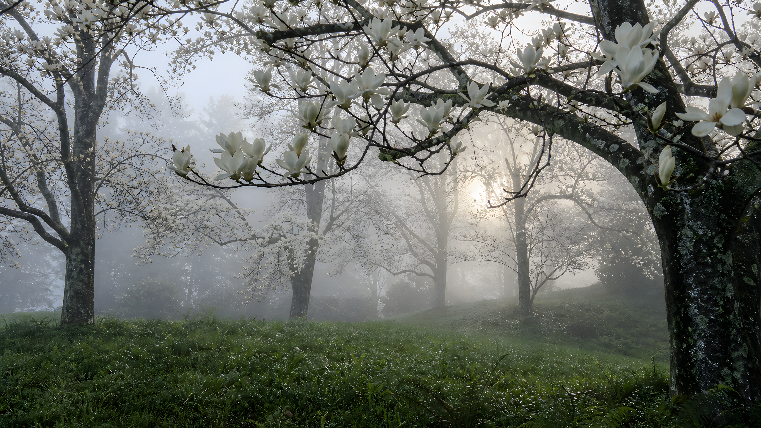 Mature magnolia trees carrying naturally distributed creamy blossoms across lichen-dark branches, layered through a ferny arboretum slope in diffuse morning fog, original 4K flowers wallpaper