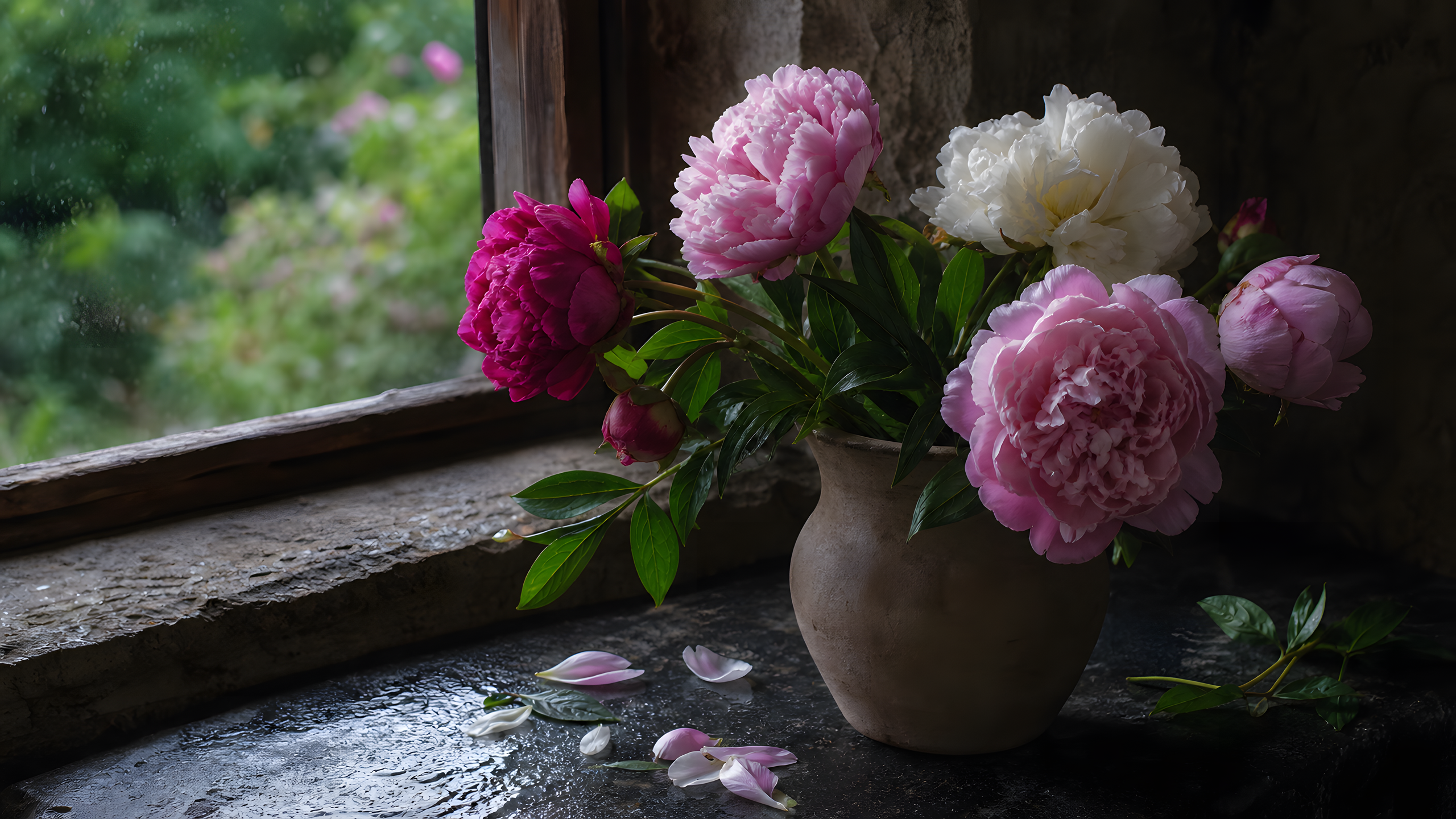 Fresh pink, white and burgundy garden peonies in an unglazed handmade clay vessel on a rain-wet stone windowsill beside naturally fallen petals and leaves, original 4K flowers wallpaper