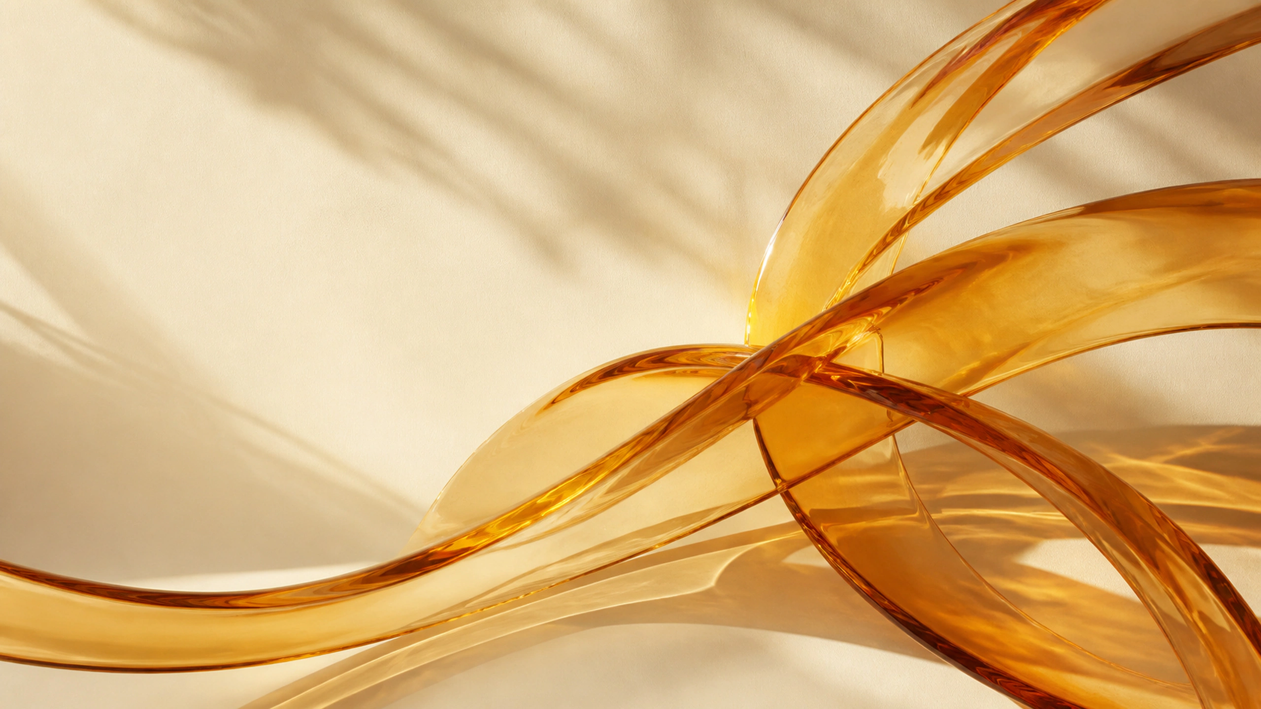 Curving translucent amber glass ribbons crossing a matte cream studio field, original 4K abstract wallpaper