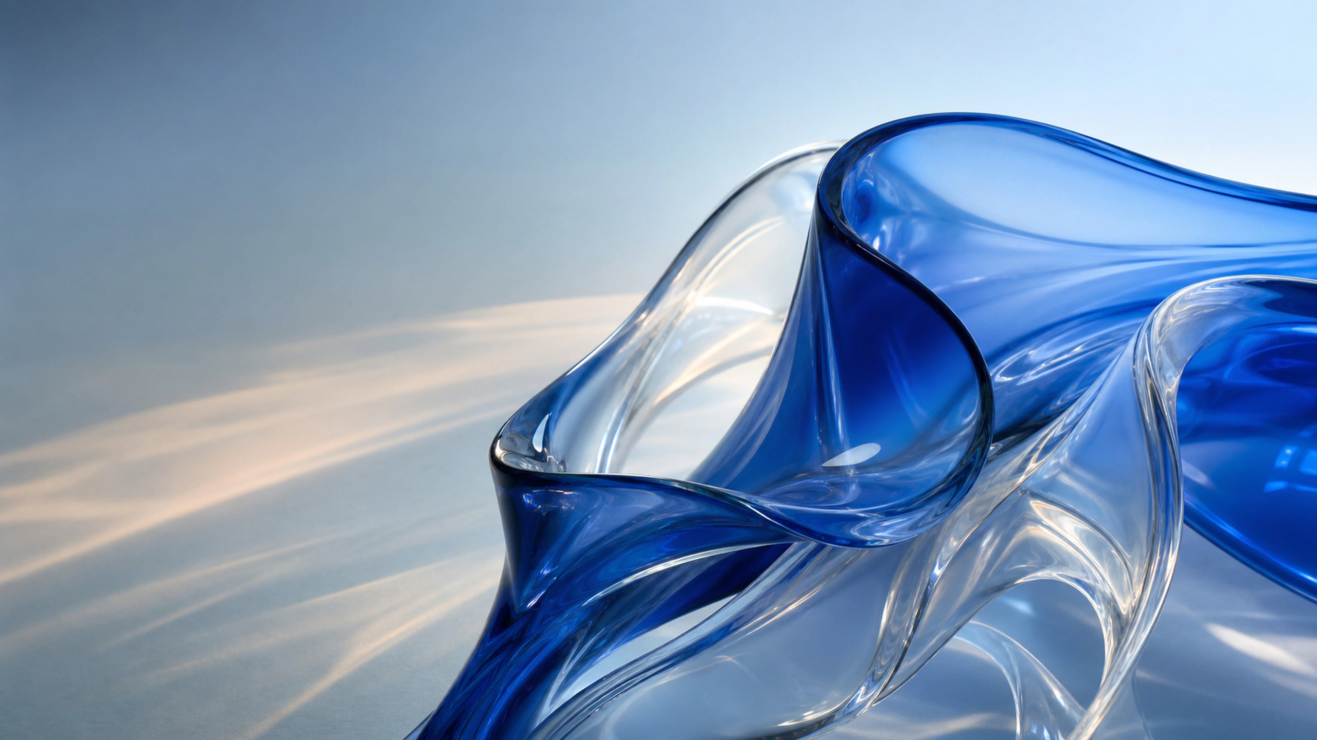 Thick cobalt and clear glass forms folding through cool soft light, original 4K abstract wallpaper