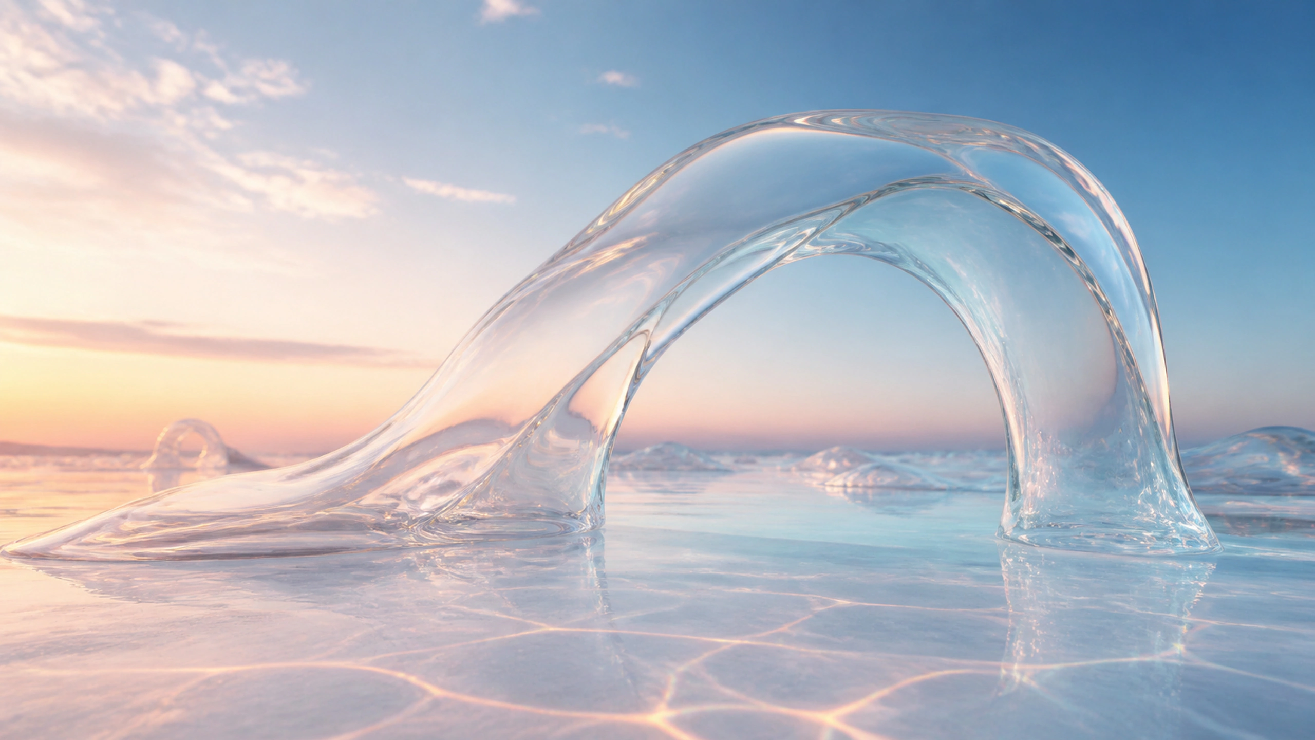Single clear fluid arch above a pale reflective surface with delicate caustics, original 4K abstract wallpaper