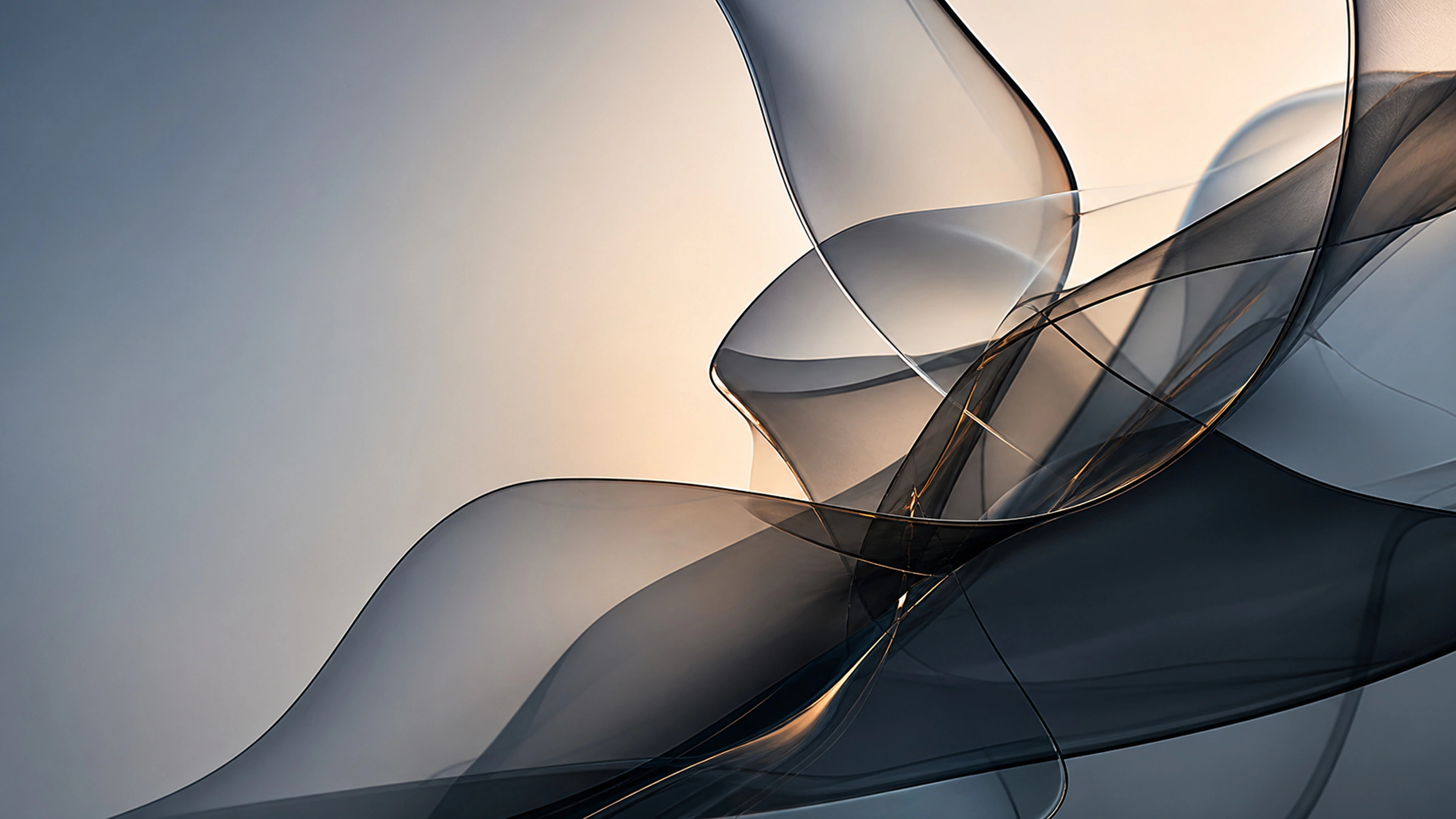 Overlapping smoked-glass sheets forming an original dark flowing composition, original 4K abstract wallpaper