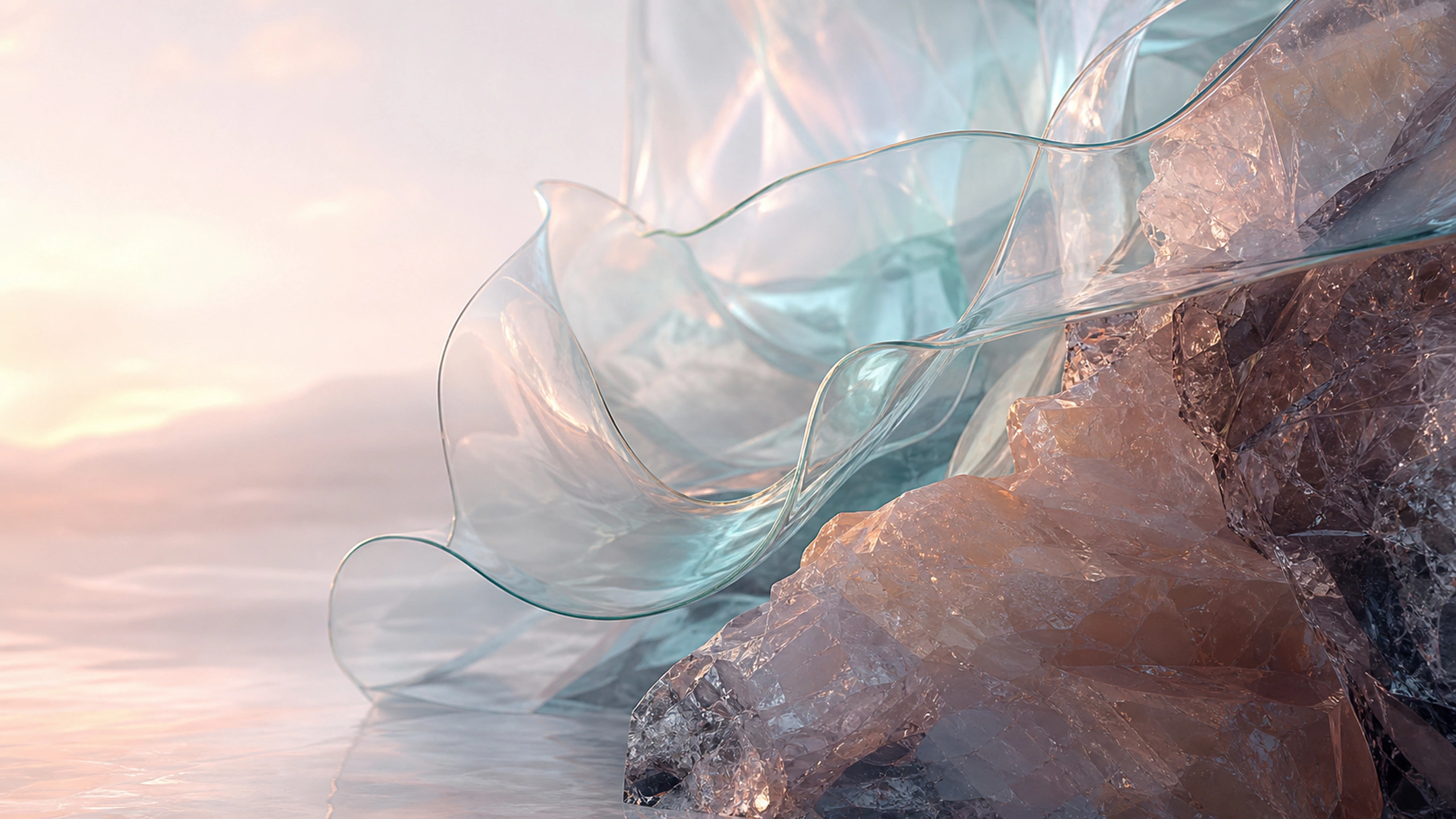 Translucent forms blending glass behavior with rough mineral inclusions, original 4K abstract wallpaper