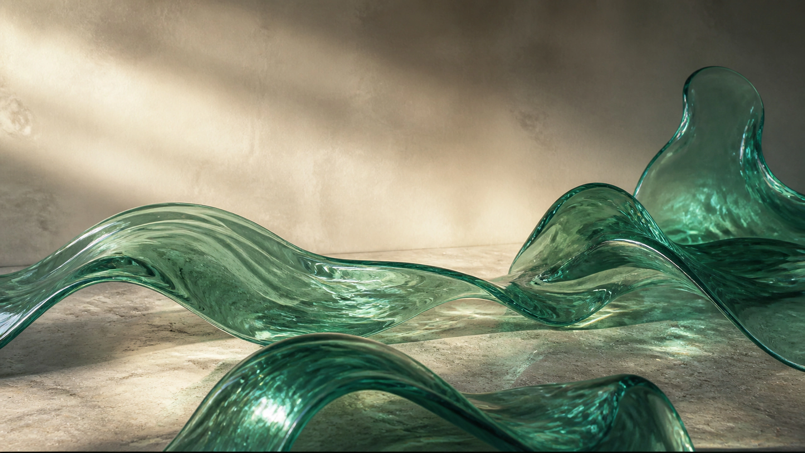 Low emerald glass waves arranged across warm gray stone under side light, original 4K abstract wallpaper