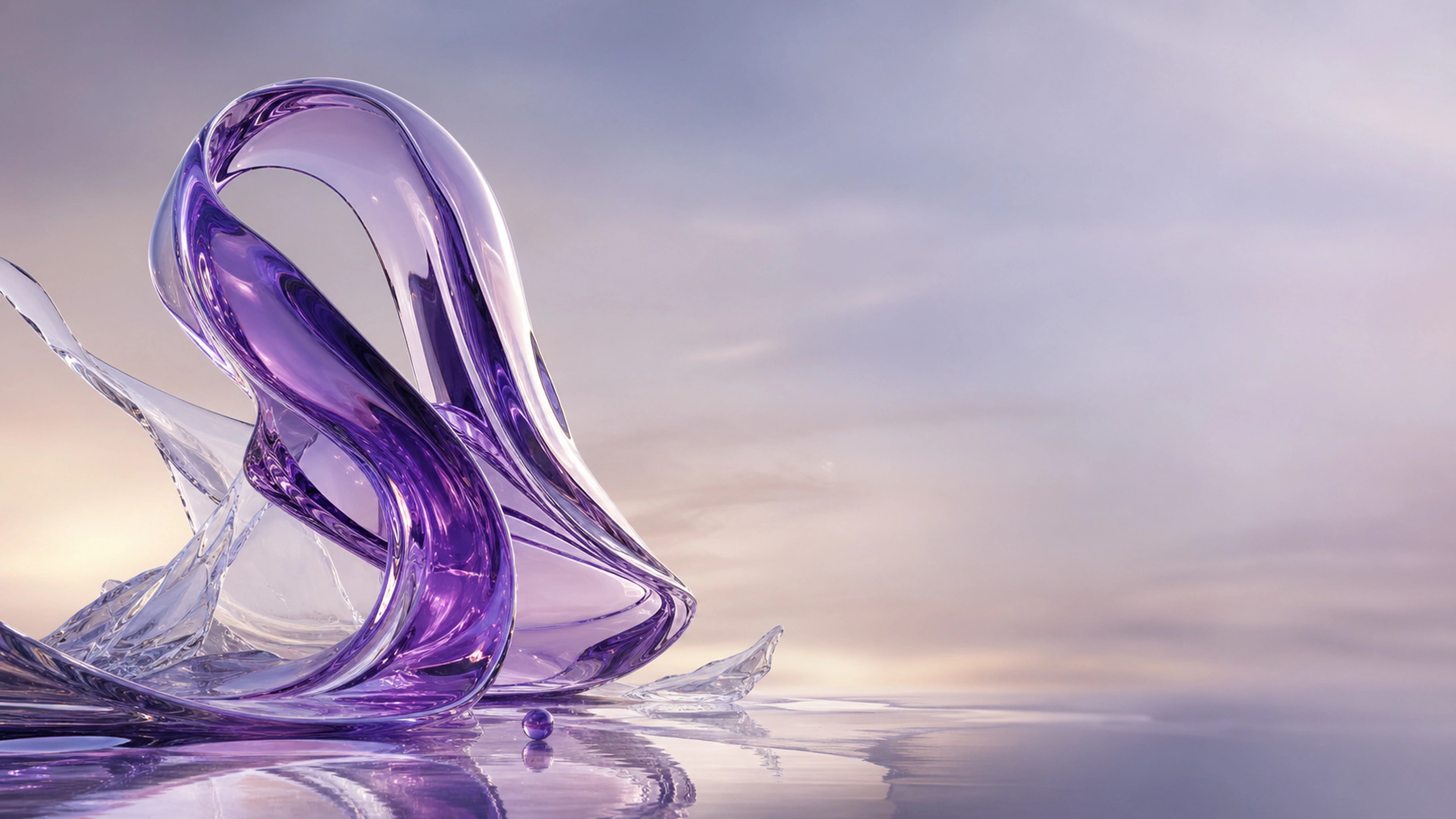 Asymmetrical violet and clear glass sculpture with generous negative space, original 4K abstract wallpaper